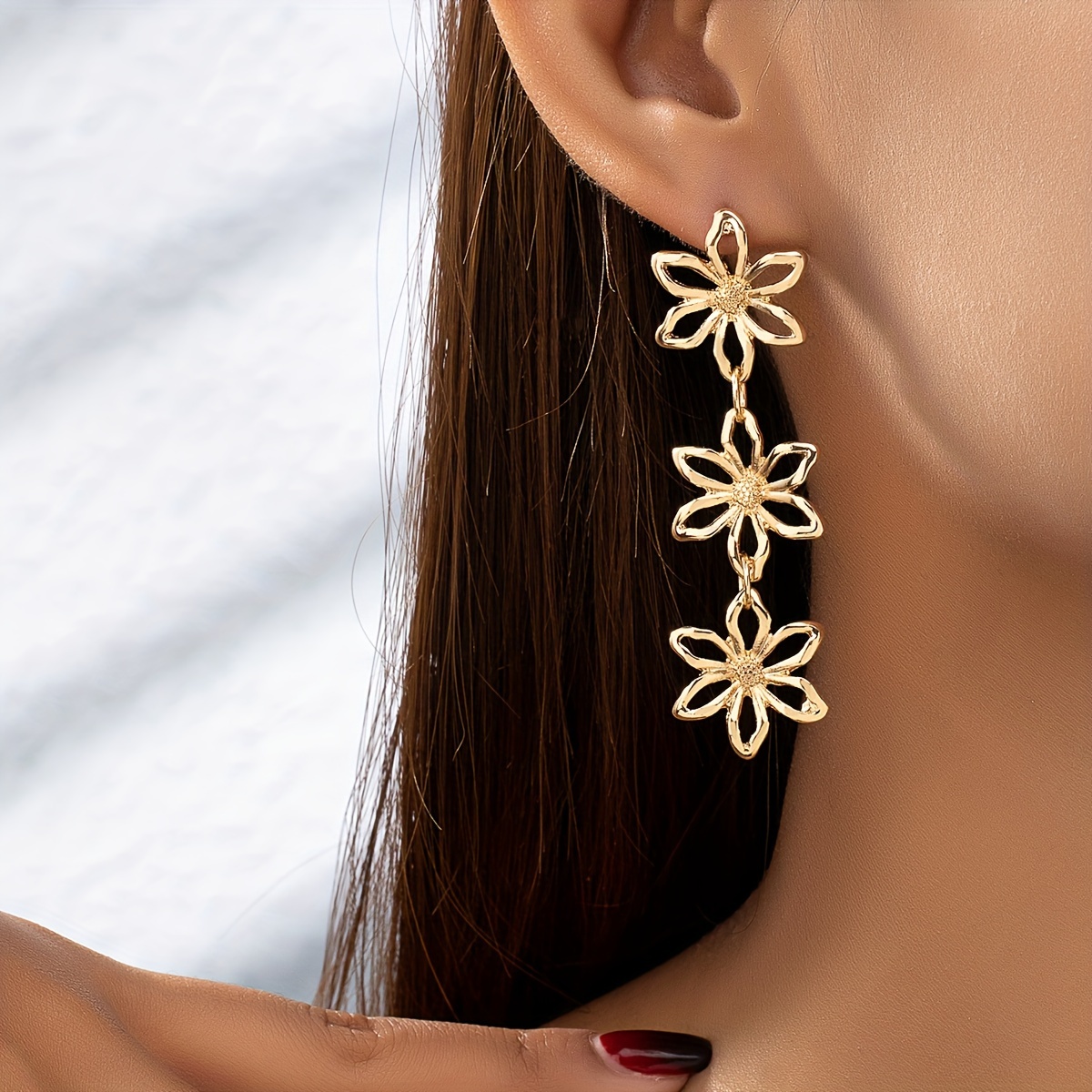 

Golden Hollow Flower Design Long Dangle Earrings Boho Vacation Style Zinc Alloy Jewelry Delicate Female Earrings