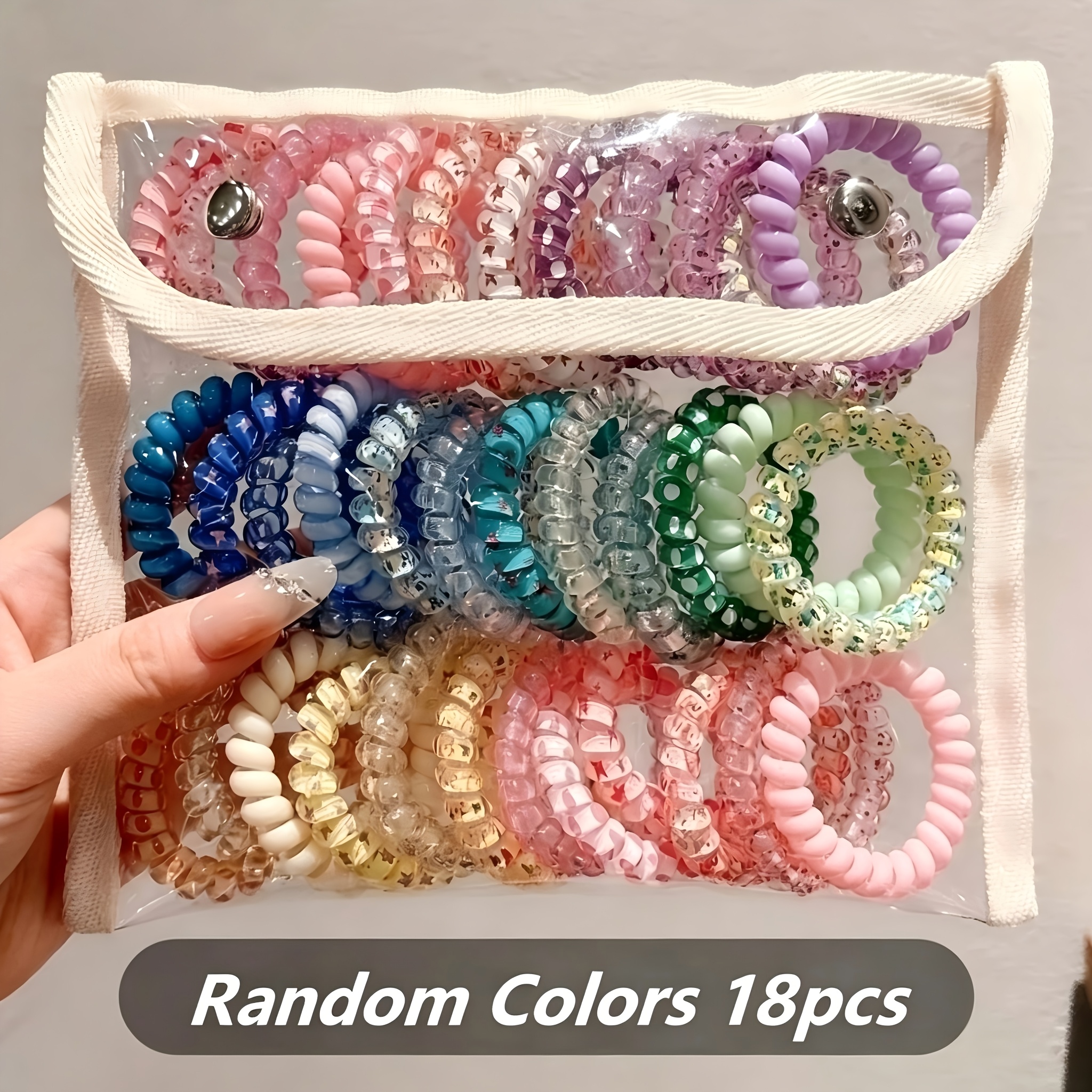 TEMU 18pcs Set Of Assorted Color-printed Telephone Cord Hair Ties, Elastic, No-mark, And Non-constricting, Resistant To Pulling With High Toughness