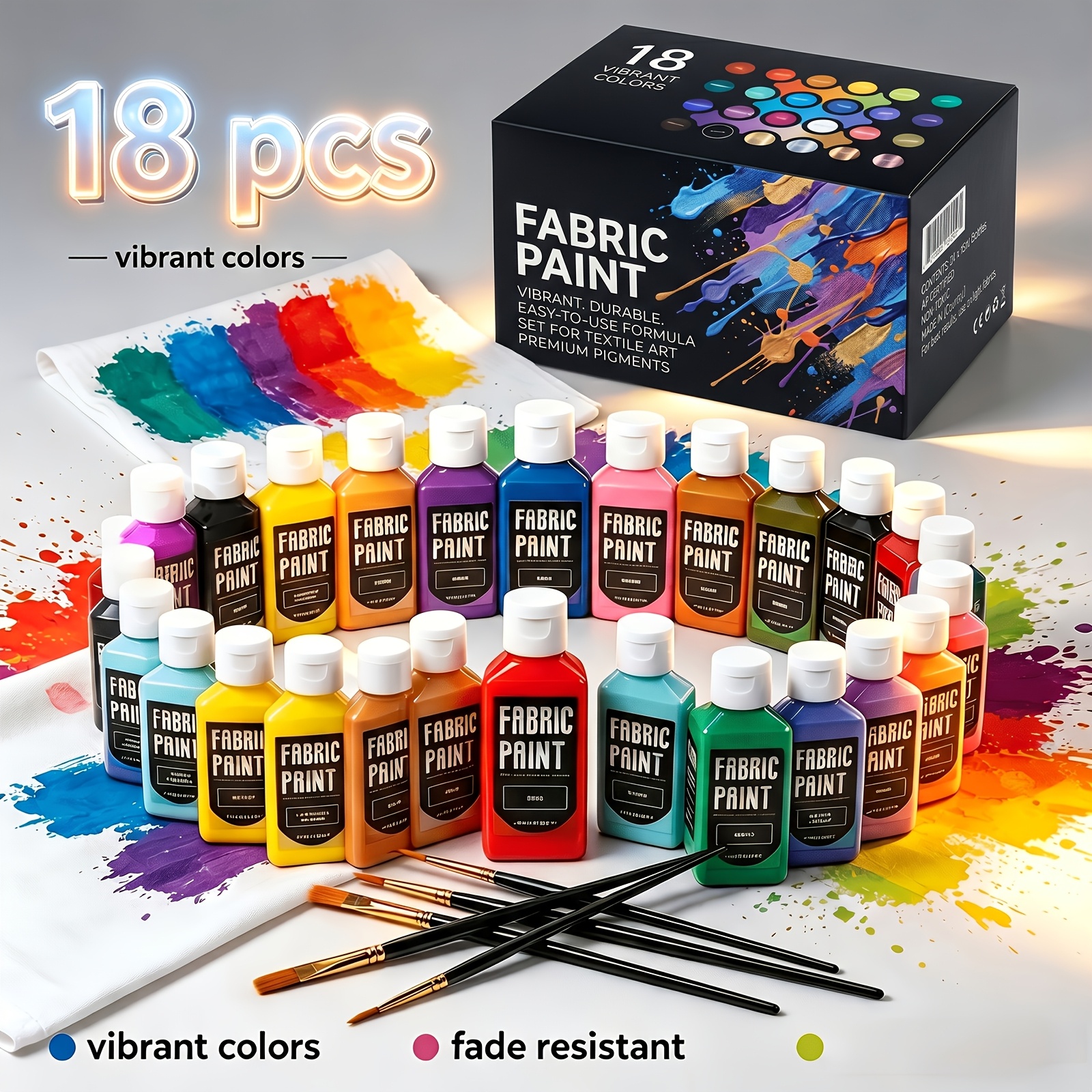 TEMU 18 Colors Vibrant Permanent Fabric Paint Set, 60ml Each, Textile Dye For Professional Art Use, Washable & Dryer Safe Non-toxic Textile Paint,