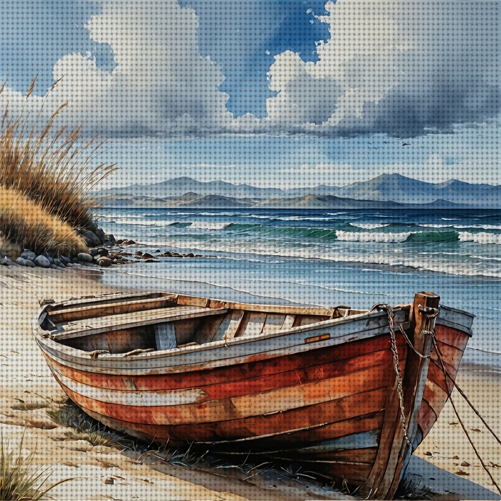DIY Beach Wooden Boat and Ocean Waves Cross-Stitch Kit