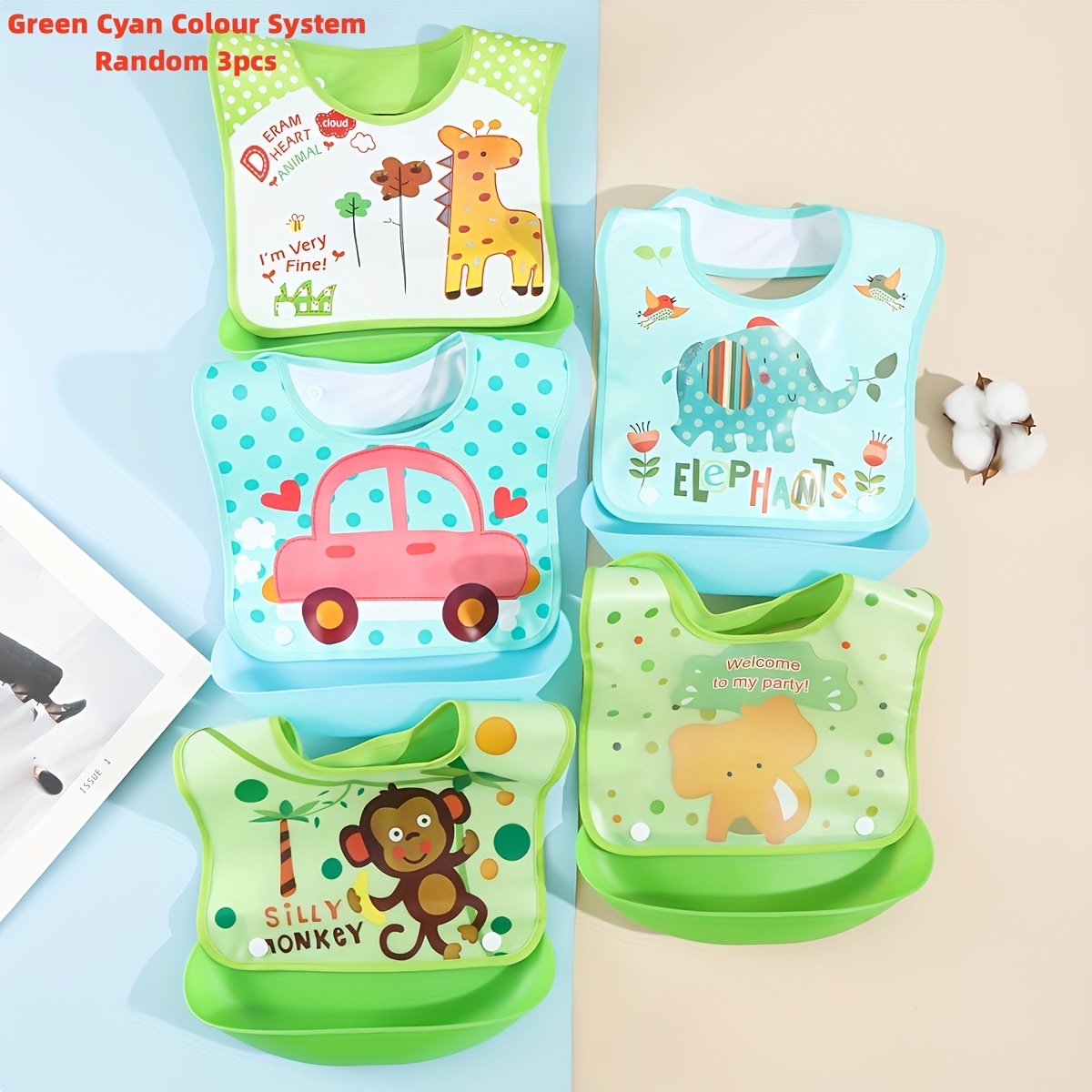 Random 3-strip Adjustable Baby Bib 3d Eating Bib Infant Bib Detachable Drool Bib Feeding Bib