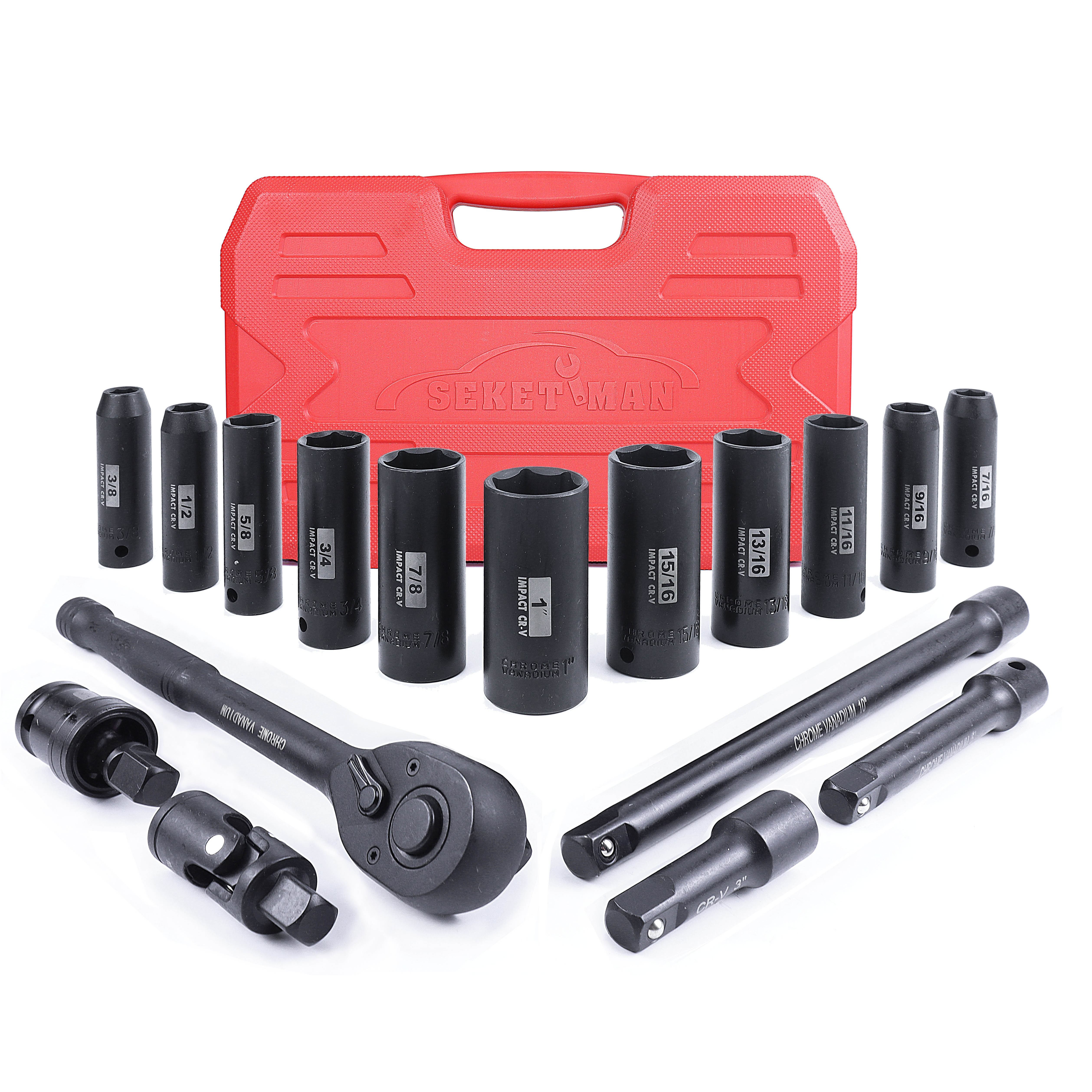 

17pcs 1/2-inch Drive Deep Impact Socket Set, Sae (3/8-1"), 6 Point, Cr-v Steel, Includes Extension Bar, Universal Joint And Ratchet Handle