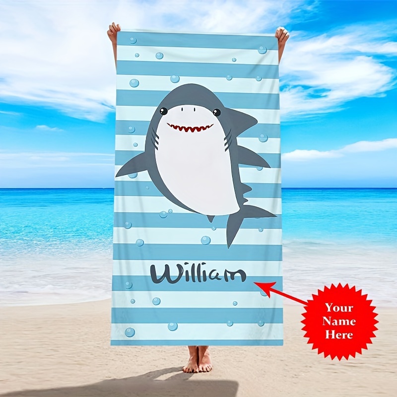 

Personalized Microfiber Beach Towel With Cartoon Shark Design, Custom Name Printing, Soft 250gsm Knit Fabric, Modern Style Polyester Oblong Towel For Holidays And Gifts - Lightweight & Absorbent