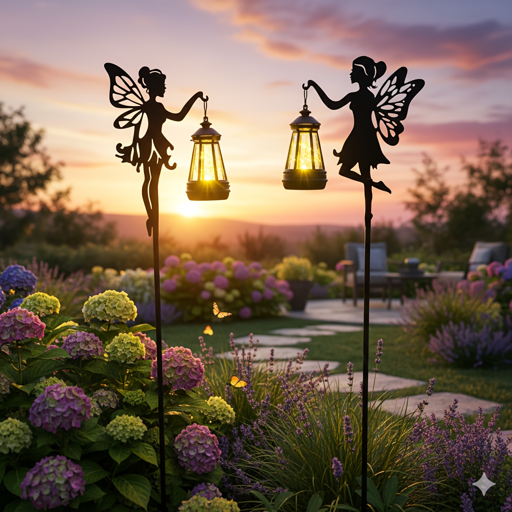 Image of 2pcs 33in Exquisite Flower Fairy Lantern Garden Statue Lights, Outdoor Rust-resistant Silhouette Winged Elf Yard Sensor Lights, Suitable For Home Villa Lawn Terrace Flower Pot Decoration, Gift For