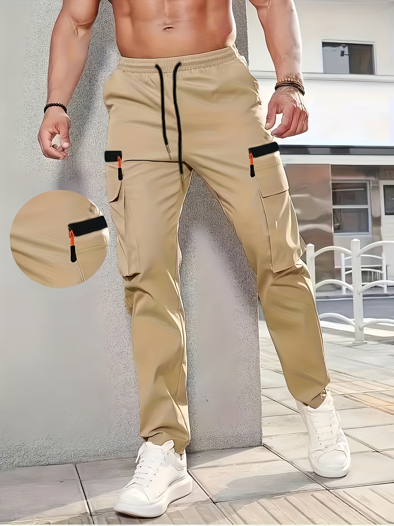 mens loose cargo pants black polyester non stretch   regular fit multiple pockets casual sports style   pants casual fit pants durable casualwear details 9