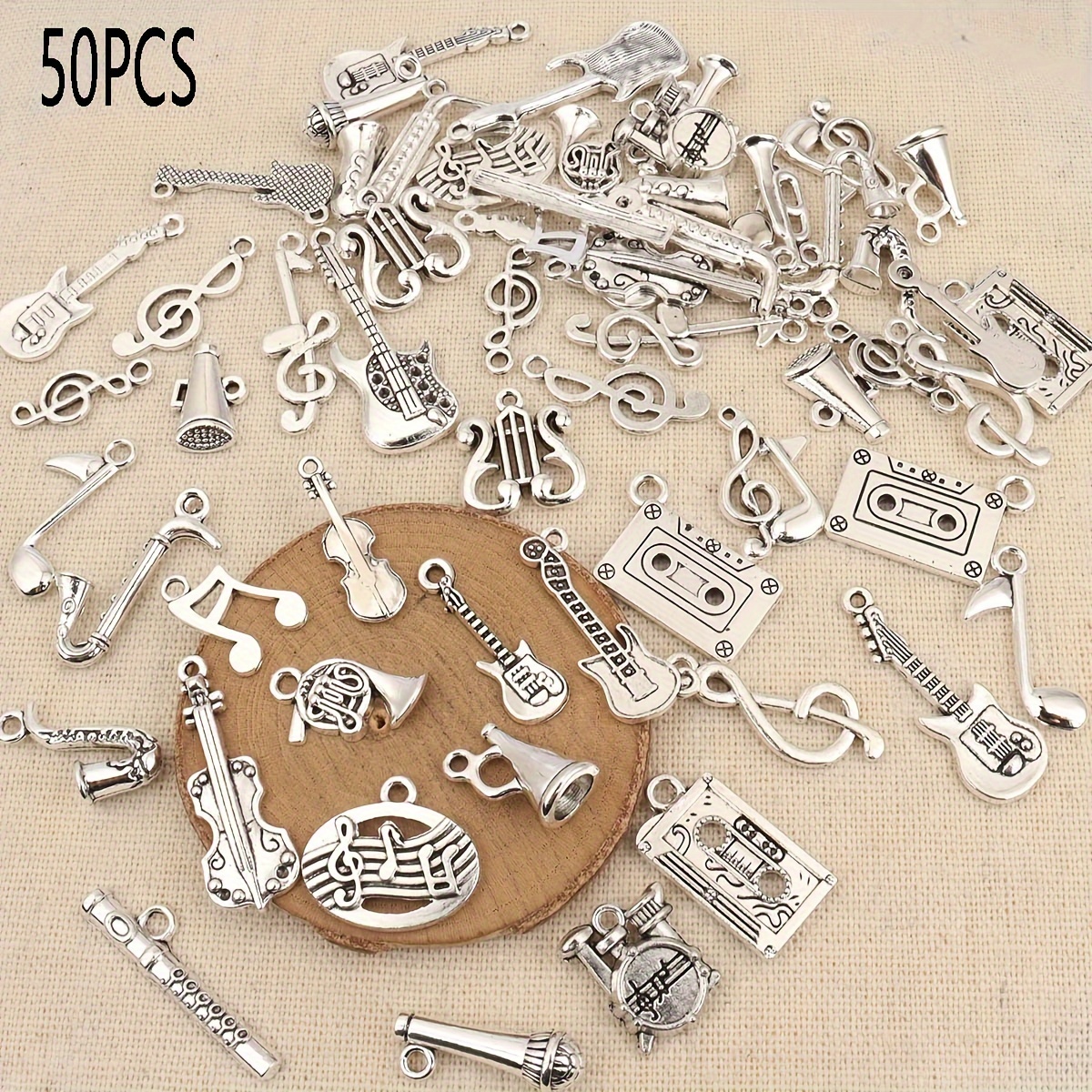 E-shop 50 Musiknoten/Instrument Anhänger Zufällig Gemischt Legierung Material Textur Retro Vielseitiger Schmuck Anhänger Klassisch Silbern Musik