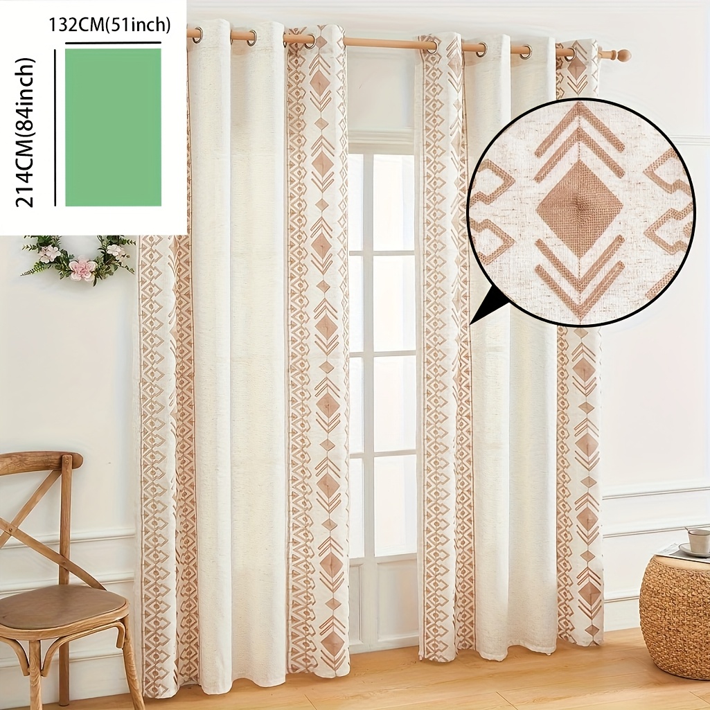 TEMU 1pc Bohemian Farmhouse Curtains - Geometric Rhombus Design, Semi- Filtering Polyester, Machine Washable With Grommet Top For Living Room &