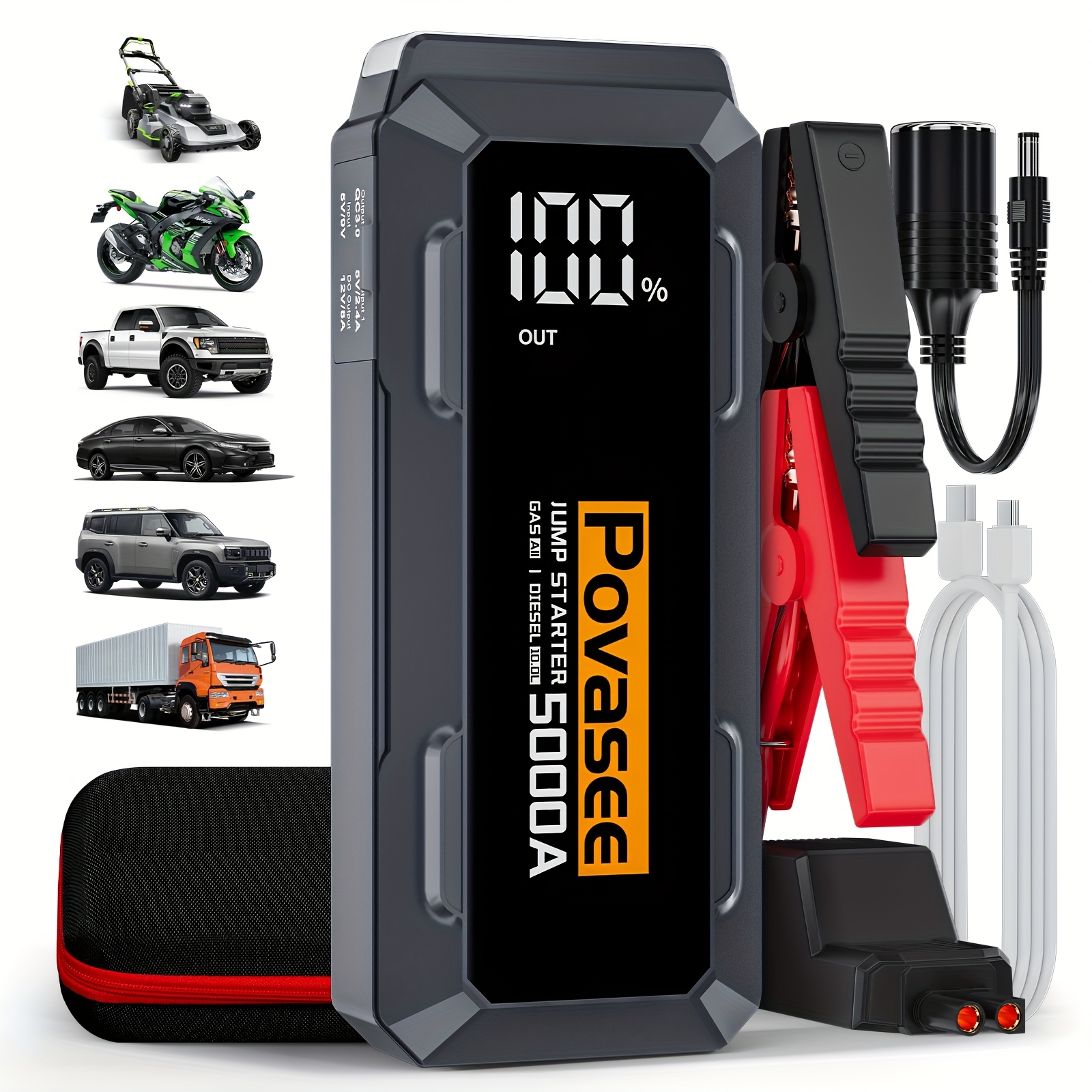 

5000a Portable Car Jump Starter With 88.8wh 24000mah Power Bank, Car Battery Charger For Up To All Gas/10.0l Diesel, Usb Type-c Charging, Dual-output, Lcd Display, Flashlight, Pratical Tool And Gift