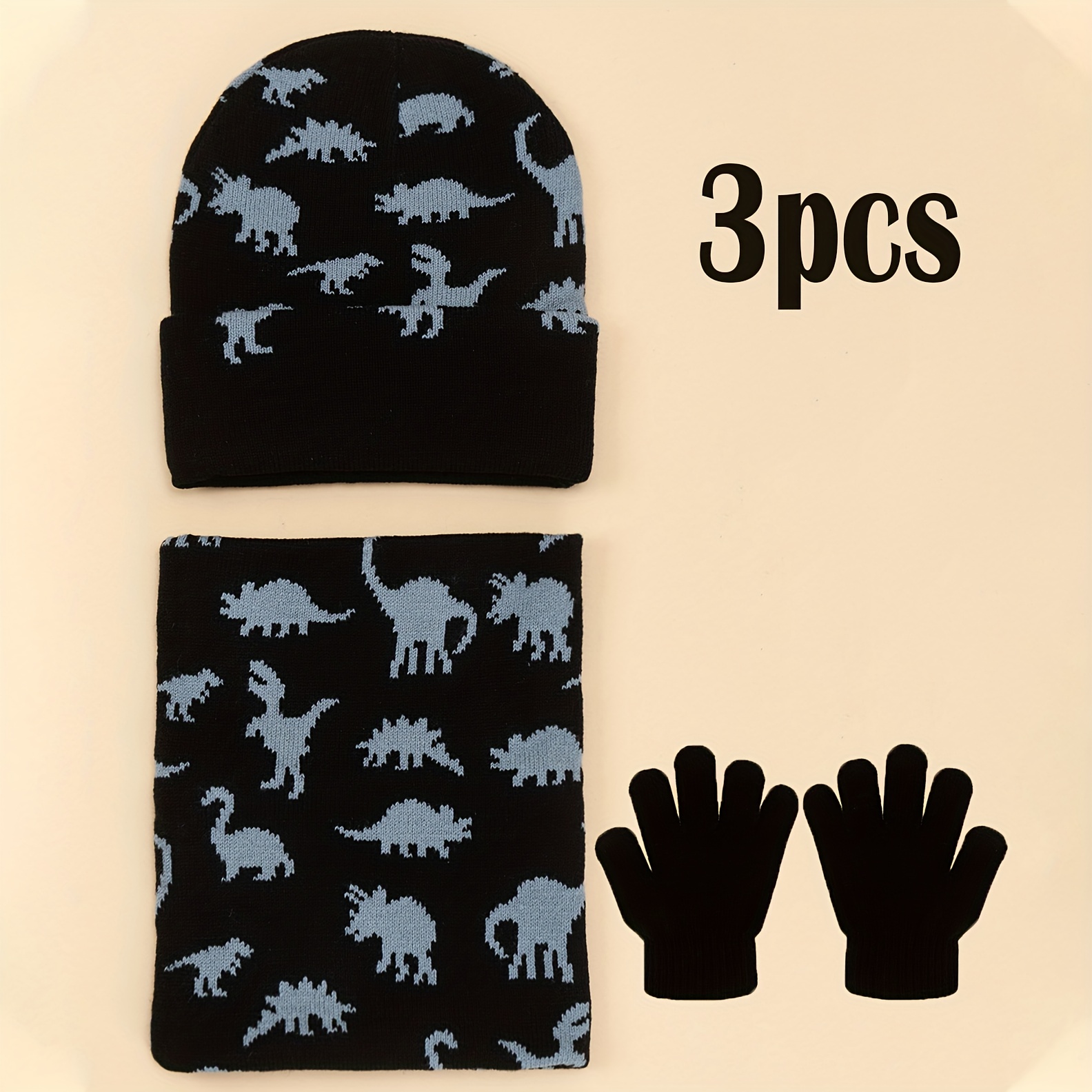 3pcs Dinosaur Set For , , And Middle-grade Boys: Dinosaur Knit Beanie, Neck Warmer, And Gloves, Winter Warm 3pcs Set, Hat, Neck Warmer, And Gloves Set