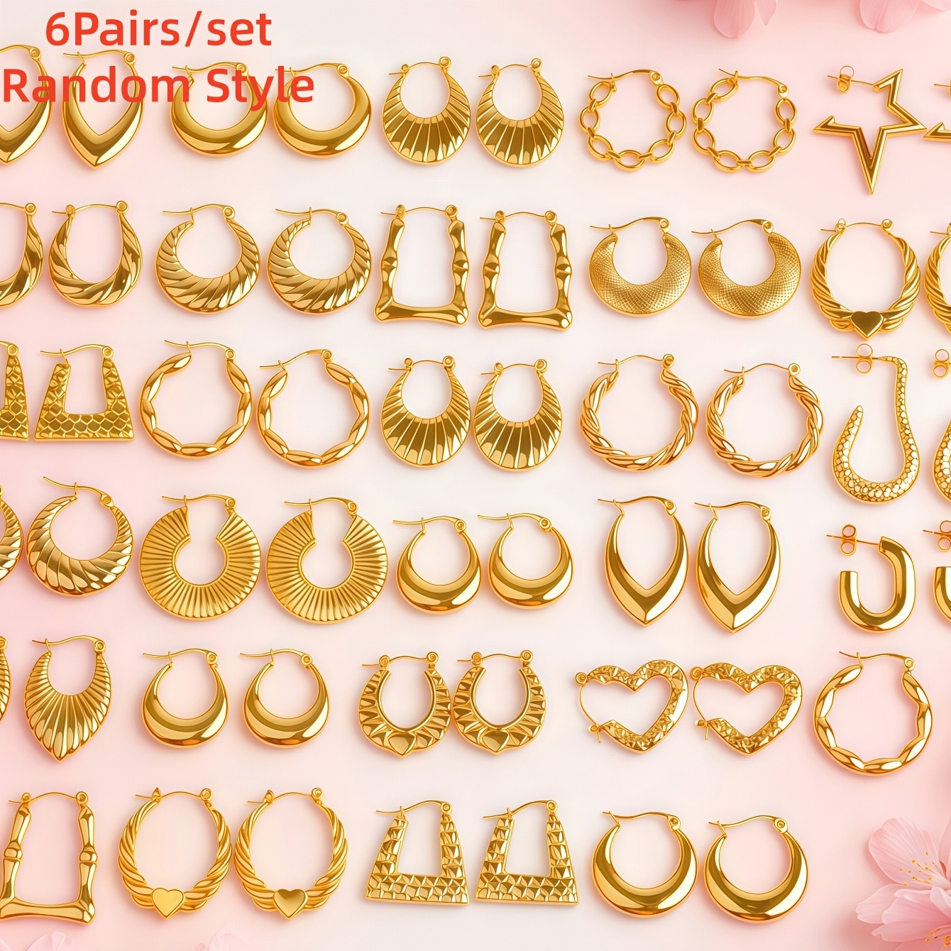 TEMU Juego de 6 de aretes de aro de acero inoxidable de estilo de moda para mujer, estilo geométrico de moda, para fiestas, regalos y accesorios de