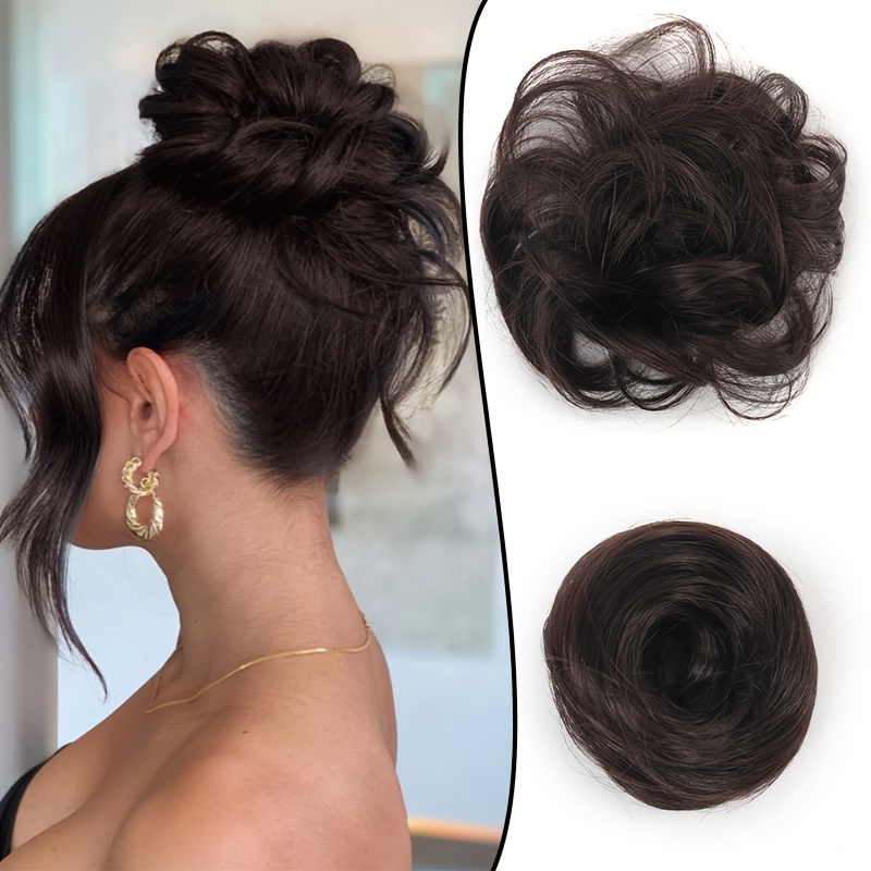 Image of Elegant Messy Donut Hair Buns Updo With Elastic Hair Rope, Synthetic Hair Extensions Perfect For Daily Wear, Weddings, Parties, Or Dates. A Convenient Pack Of Lazy Hair Additions
