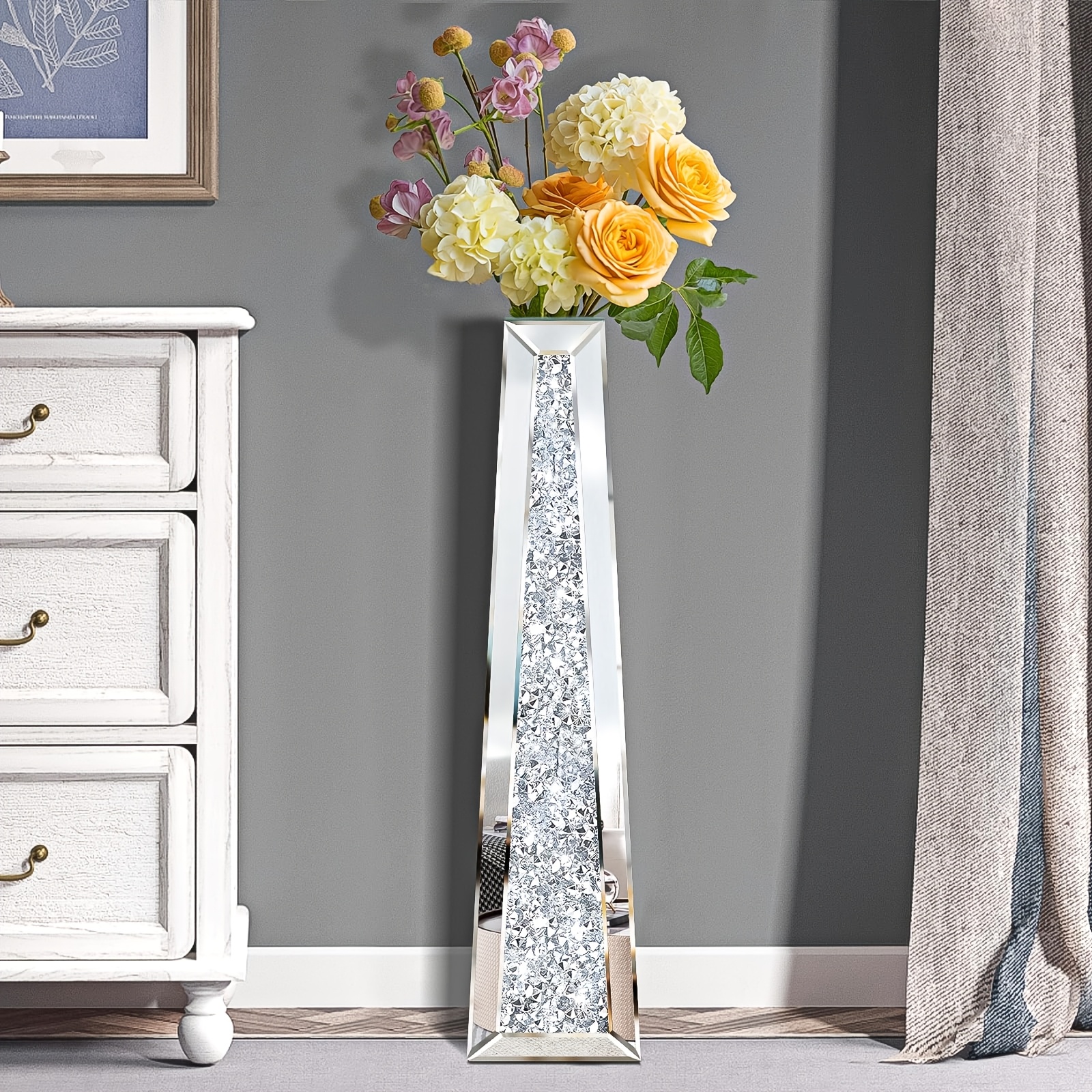 Image of Silvery Mirror Crystal Vase, Tall Floor Vase, European-style Home Floral Decoration, Suitable For Office/bedroom/kitchen/ Decoration