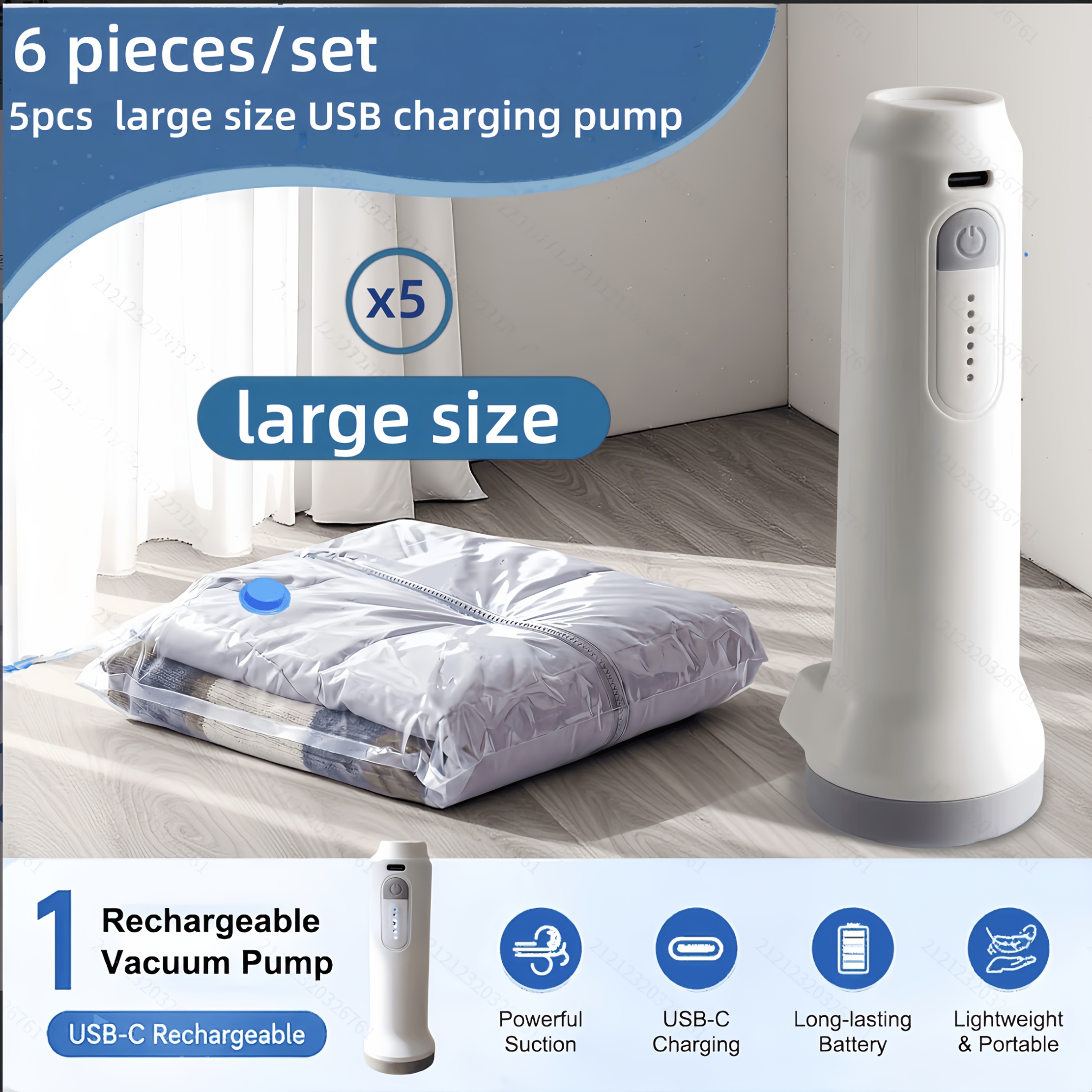 TEMU Ensemble de 6 pièces - Différentes tailles, sacs de compression sous vide et pompe à air électrique USB, avec câble de chargement, batterie