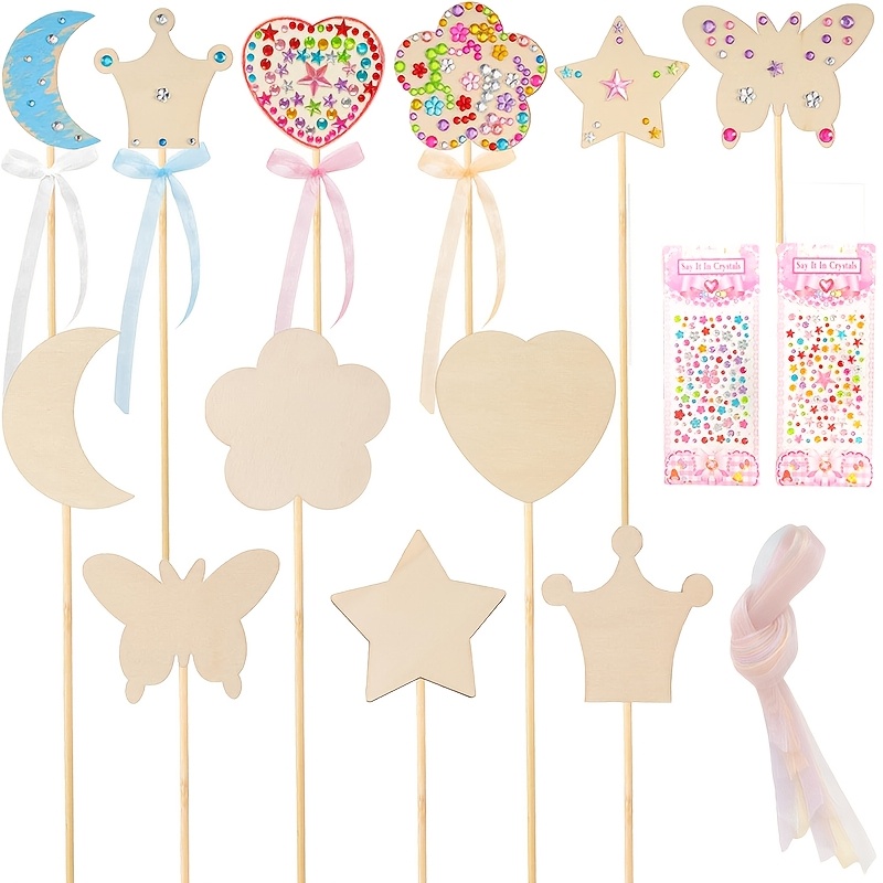 

6/12pcs Diy Wand Set, Wooden Wands , , Star & Heart Shapes, Includes Gem Stickers, Ribbon Ties, No Batteries Required, Party Favors And Gifts