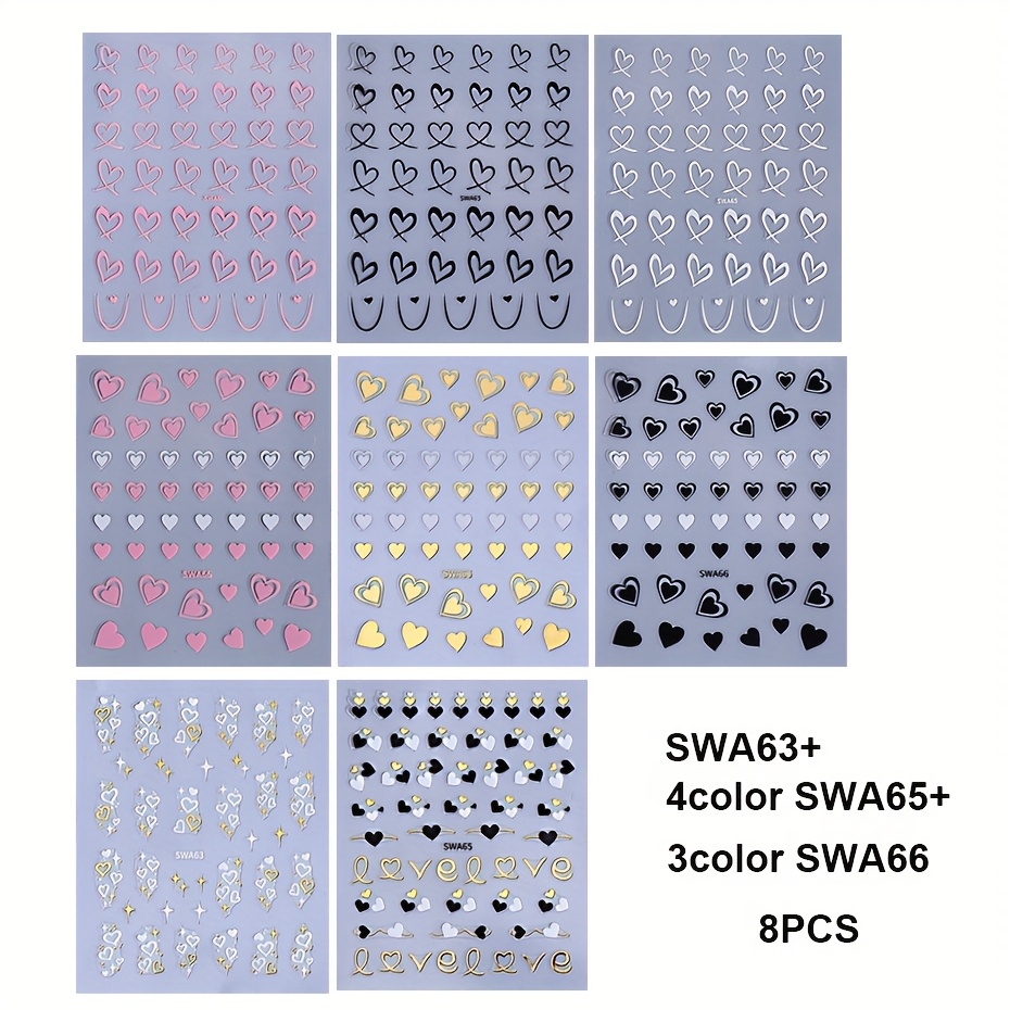 Image of 8pcs Rectangle Self-adhesive Glossy Plastic Nail Stickers, White, Heart Pattern, Valentine Design, Golden Geometry Wave Lines Stripe Stars, Fantasy Theme, With Glitter, For Manicure Decoration