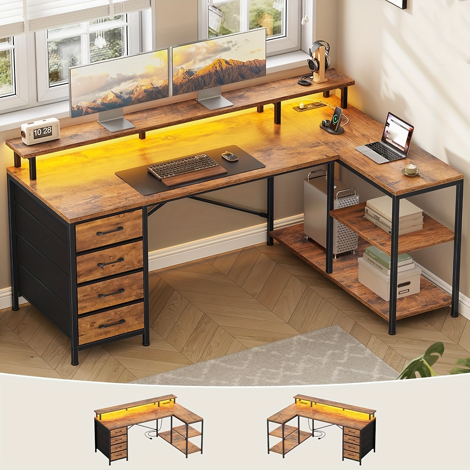 l shaped workstation featuring four drawers storage shelves and led lighting suitable for a home office