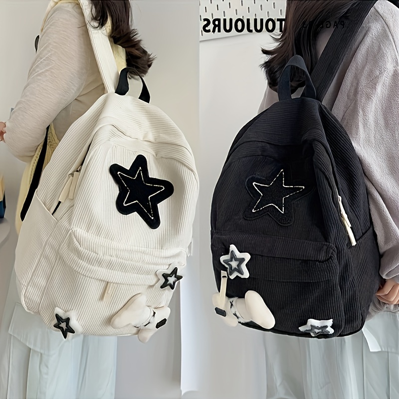 

Corduroy Casual Daypack With Star Applique - Casual Style Spacious Backpack For Daily Commute, Light Foldable High School Bag With Adjustable Straps And Polyester Lining, Zipper Closure