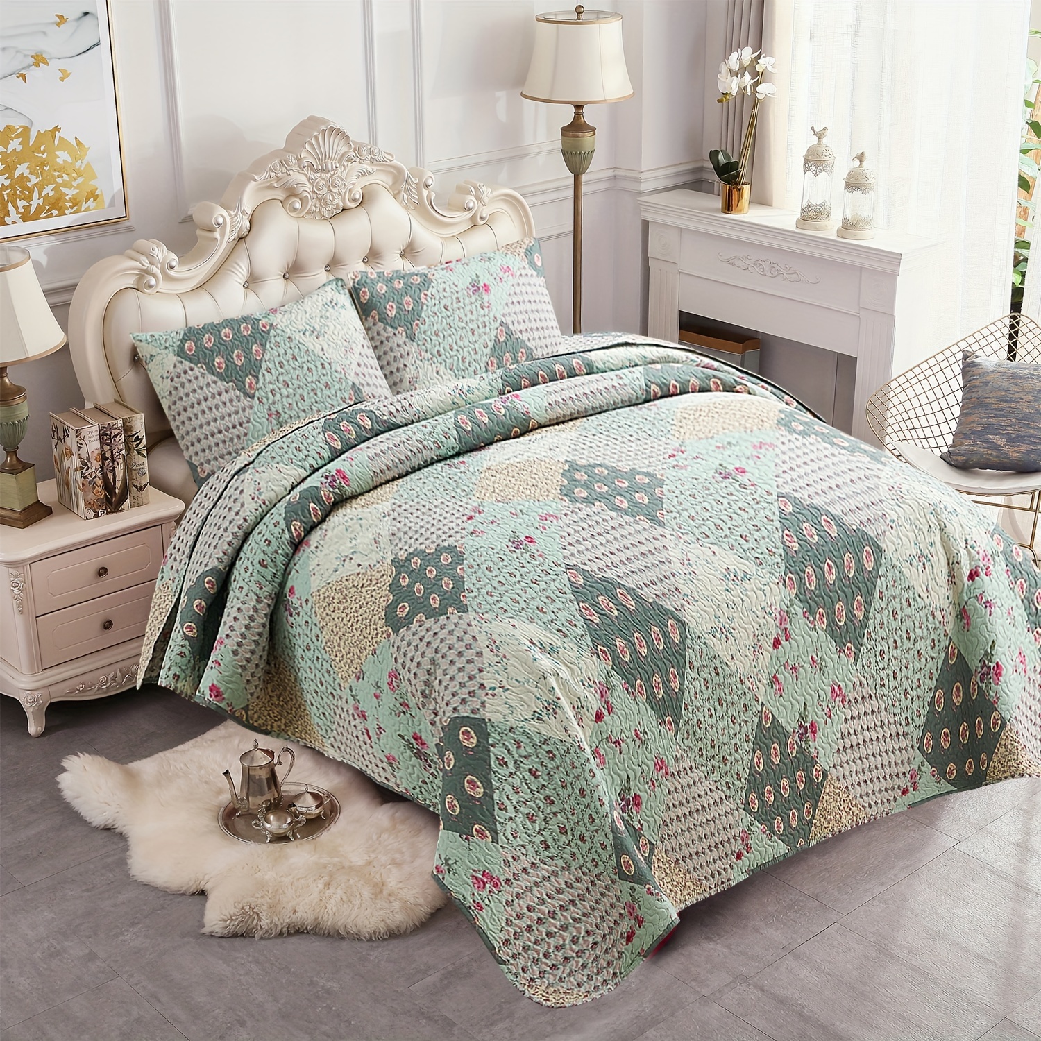 TEMU 3pcs Boho Floral Bedspread Set (1*bedspread + 2*pillowcase Without Filler), Soft Breathable And Comfortable Bedding Bedspread Coverlet Set