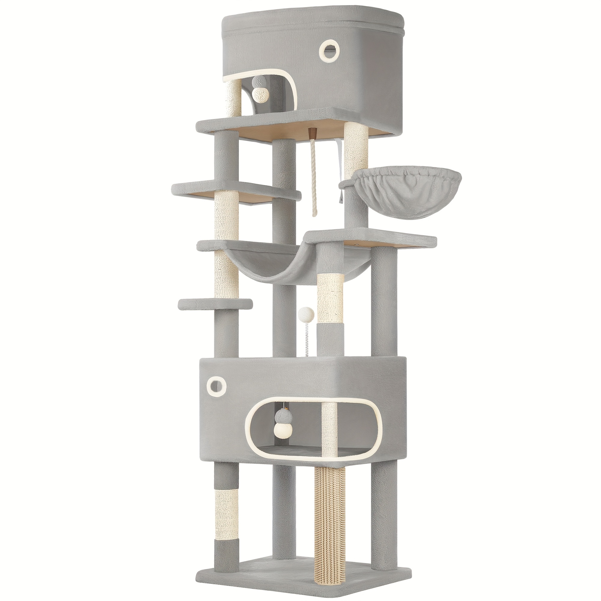 TEMU Cat Tree, 203cm Cat Tree With Large Platform, 2 Caves, 7 Scratching Posts, Pompoms, Loungers, Hammock, Suitable For All Cat Breeds, Light