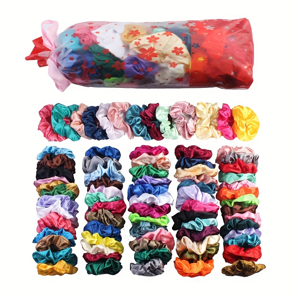 

80pcs/bag High Imitation Silk Mixed Color Large Intestine Hair Rings Fashion Sweet And Wild Ponytail Hair Rope Lady Hair Accessories Gift Bags Packaging Gifts
