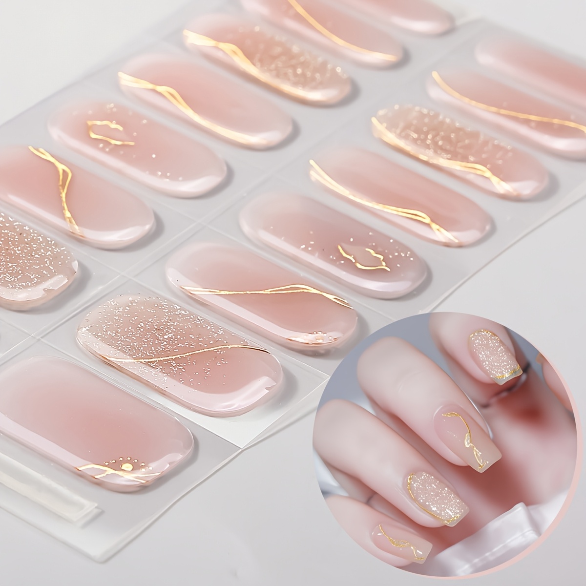 16pcs Chrome Semi- Gel Nail Strips, Blush Gradient Self-adhesive Gel Nail Stickers, , Lasts 14 Days, Suitable For Women's Nail Art Supplies!