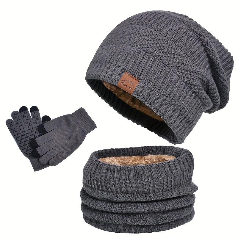 E-shop 9606 Winter-gefüttertes 3-teiliges Set aus warmer Mütze, Schal Ohrenwärmer, Strickmütze zum Überziehen, europäische amerikanische