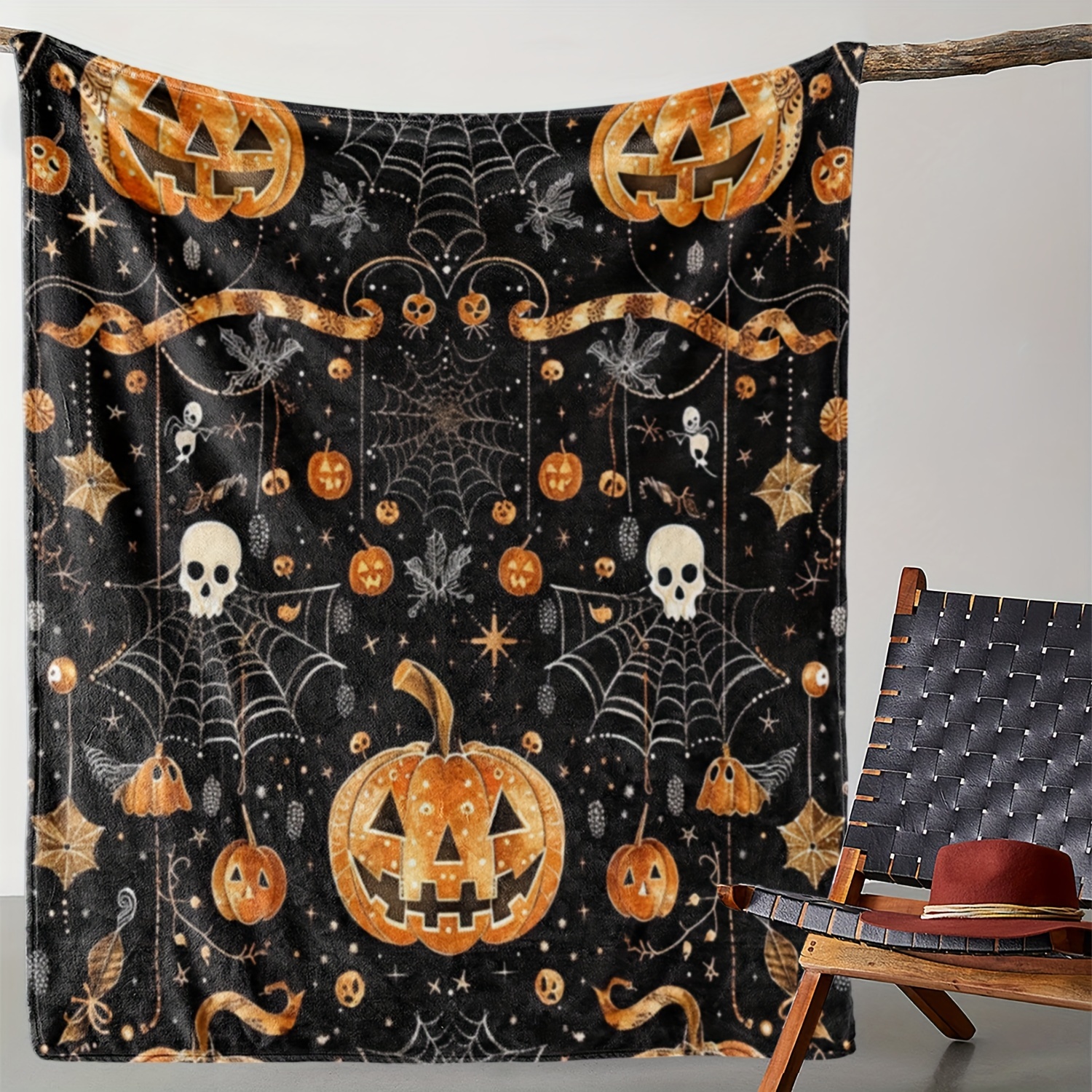 

Cozy Flannel Halloween Blanket - , Spider Web & Pumpkin Print | Soft, Warm Throw For Couch, Bed, Car, Office, Camping | All-season Gift