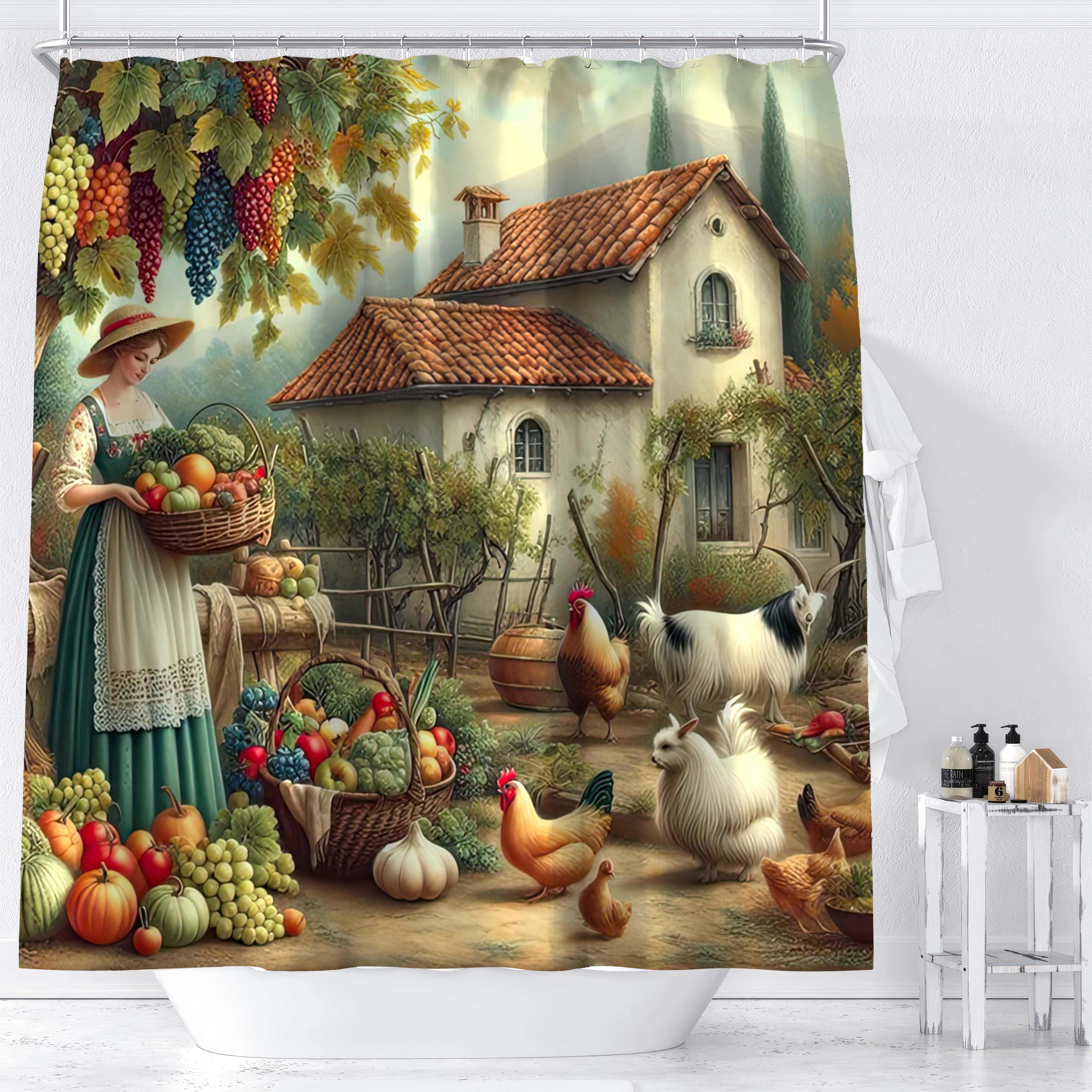 

1pc, Rustic Farm Estate Shower Curtain With Digital Print, Vintage Countryside Woman, House, Trees, Fruits, Vegetables, Animals, Waterproof Bathroom Decor