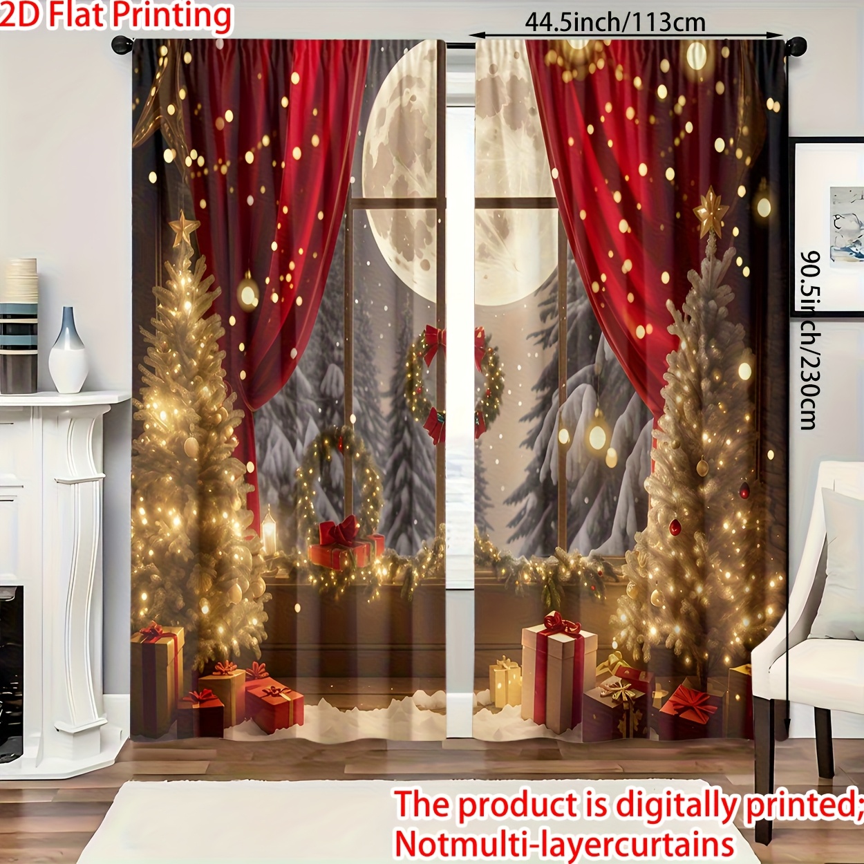 TEMU 2d Flat, 2 Panels, 2d Flat Printing, Printed Curtains, Polyester Material, High-definition Christmas-themed Decoration, Christmas Curtain With