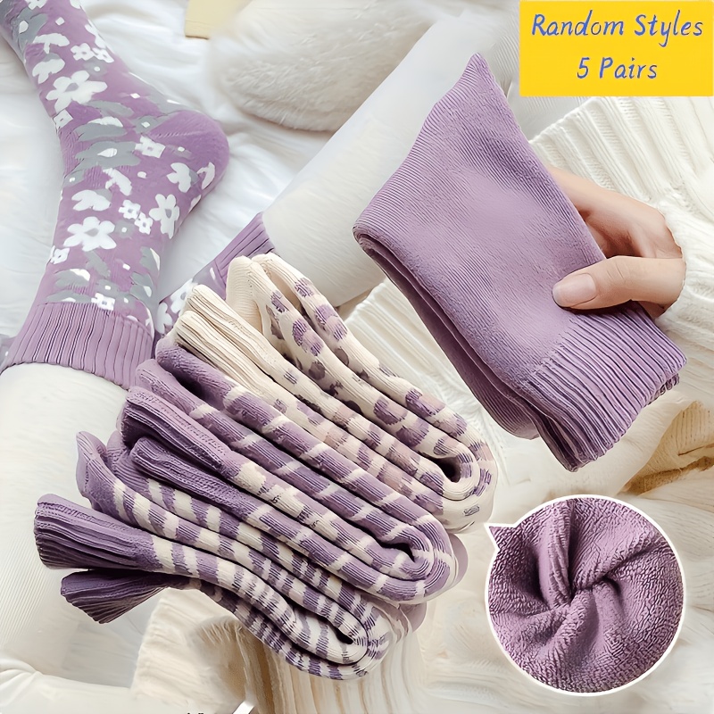 TEMU 5-pair Random Style Women's Winter Thermal Socks - Plush -lined Thickened Geometric Stripes And Floral Patterns, Soft Lavender Color, Fluffy