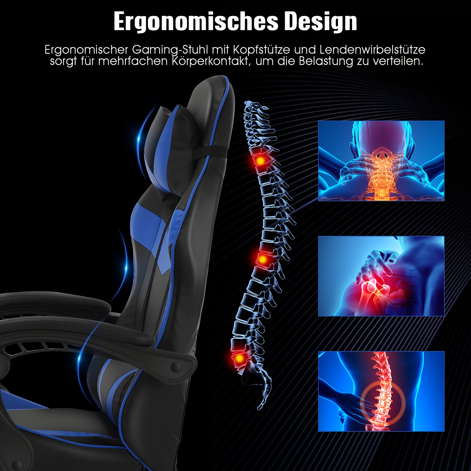Ergonomische gamingstoel met lendensteun, hoofdsteun en voetensteun