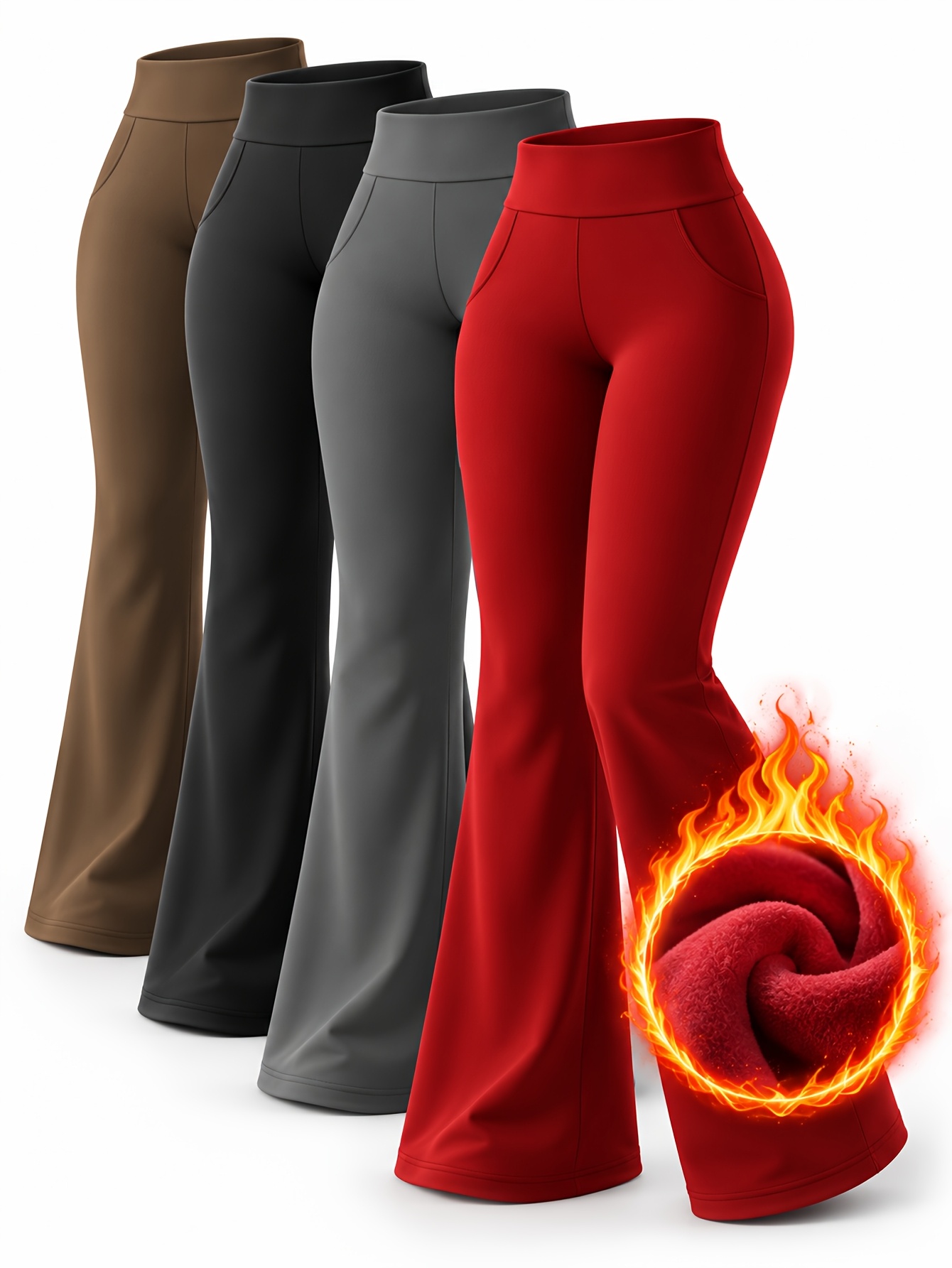 4pcs womens winter fleece lined high waist flared leggings with pockets stretch tummy control thick warm trousers multi color casual pants for holiday outfits