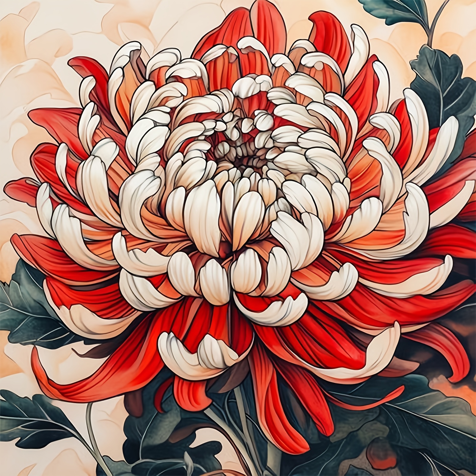 Cross-Stitch Kit Featuring Blooming Red and White Chrysanthemums, Perfect for Beginners