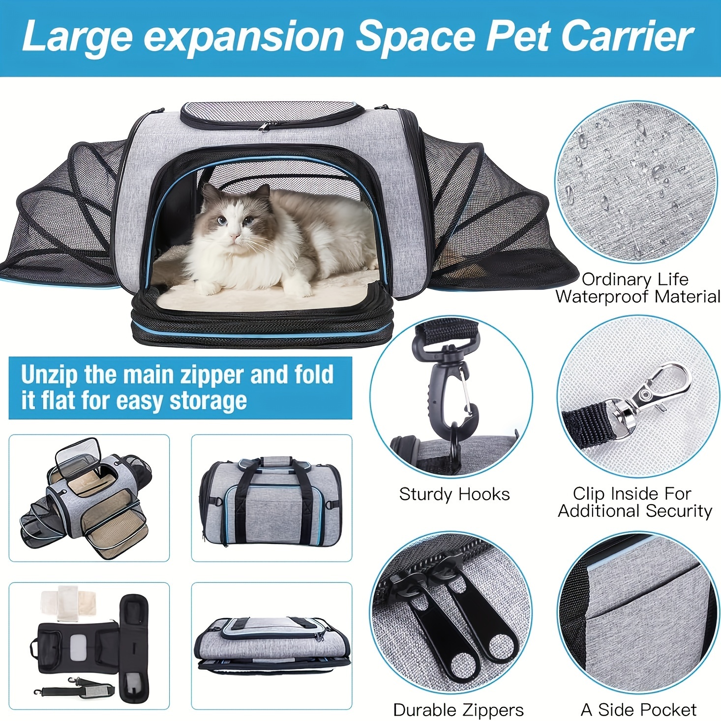 

4-way Expandable Pet Carrier, Airline Approved Foldable Cat Soft Sided Carrier With Removable Fleece Pad For Cats, Puppies, Small Dogs (18 Inches X 11 Inches X 11 Inches)