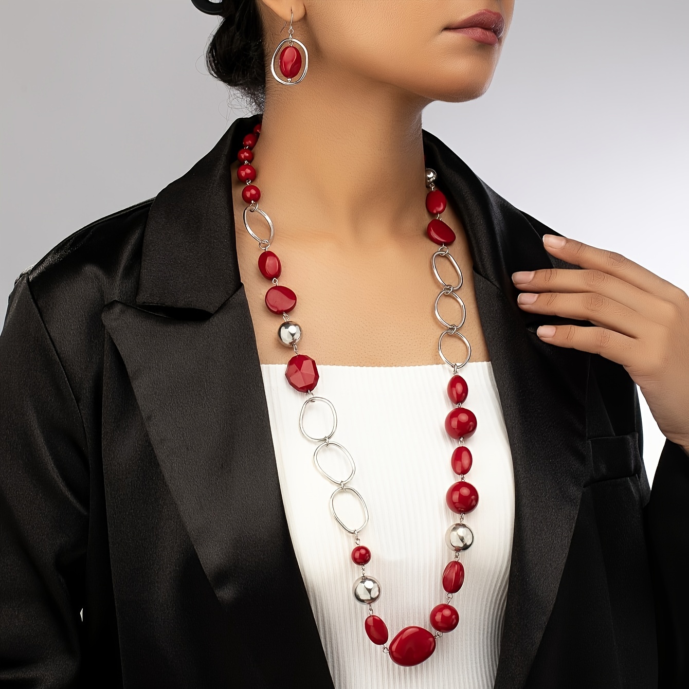

Bohemian Style Red Bead And Silver Chain Long Necklace And Earring Set, Vintage Boho Fashion Jewelry For Sweaters