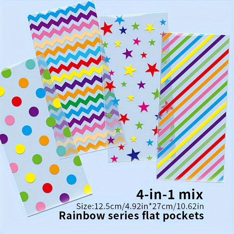 

50-pack Rainbow Treat Bags - Transparent Candy Bags With Golden Twist Ties, Assorted Patterns, Waterproof Plastic, Disposable, For Party Favors, Decorations, And Gift Wrapping