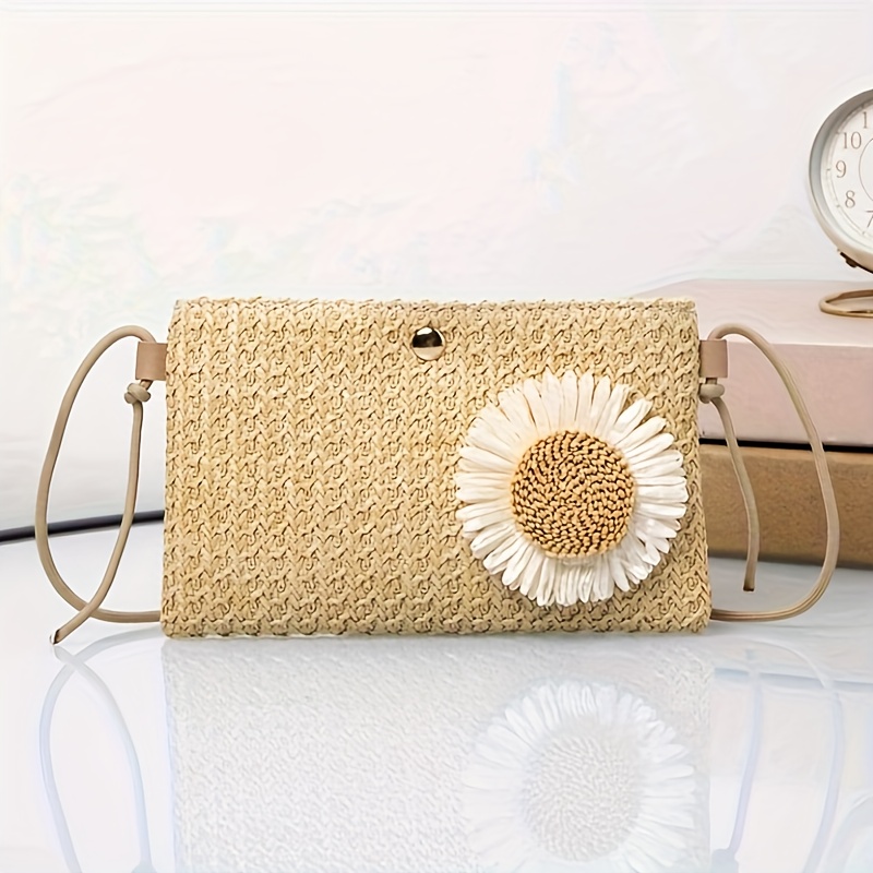 

Mini Boho Chic Woven Straw Crossbody Phone Bag, Flower Accent, Casual Beach Shoulder Purse, Popular Daisy Series Handbag