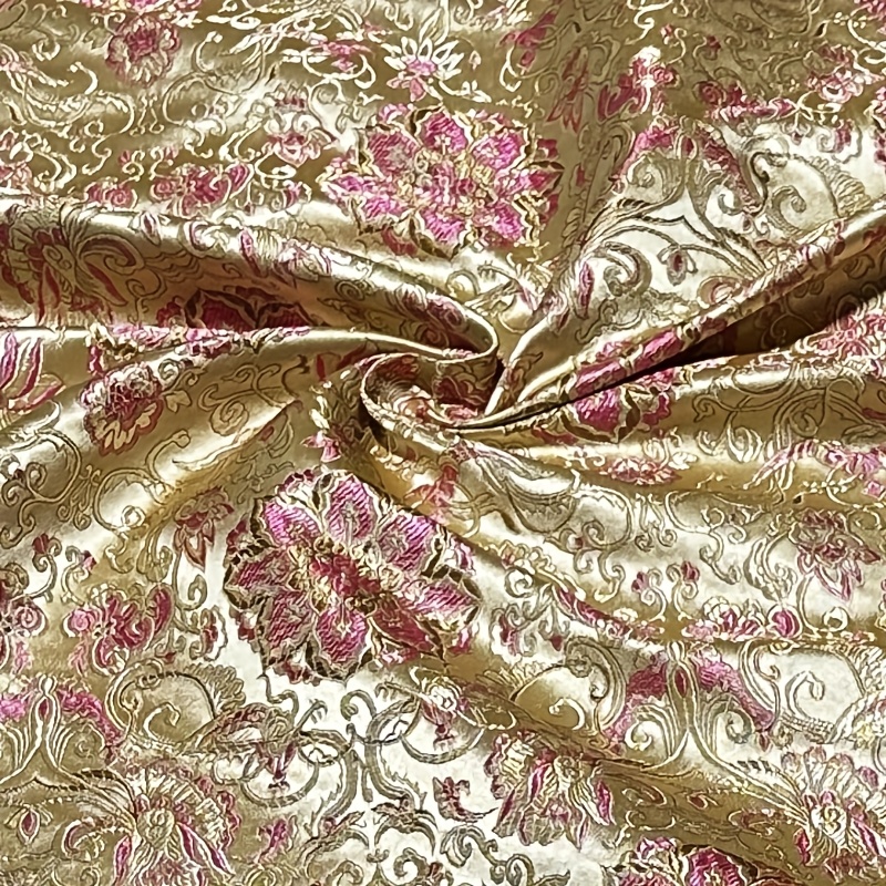 

1pc High Quality Golden Embroidered Floral Brocade Fabric, Antique Textured Jacquard Dressmaking Fabric, For Dresses Costume Upholstery Crafts And Diy , 150gsm