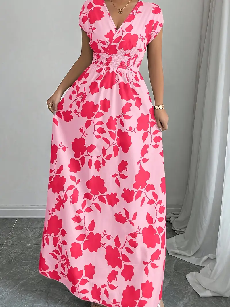 elegant pink floral maxi dress v neck short sleeves flowing - Temu Spain elegant pink floral maxi dress v neck short sleeves flowing - Temu Spain
