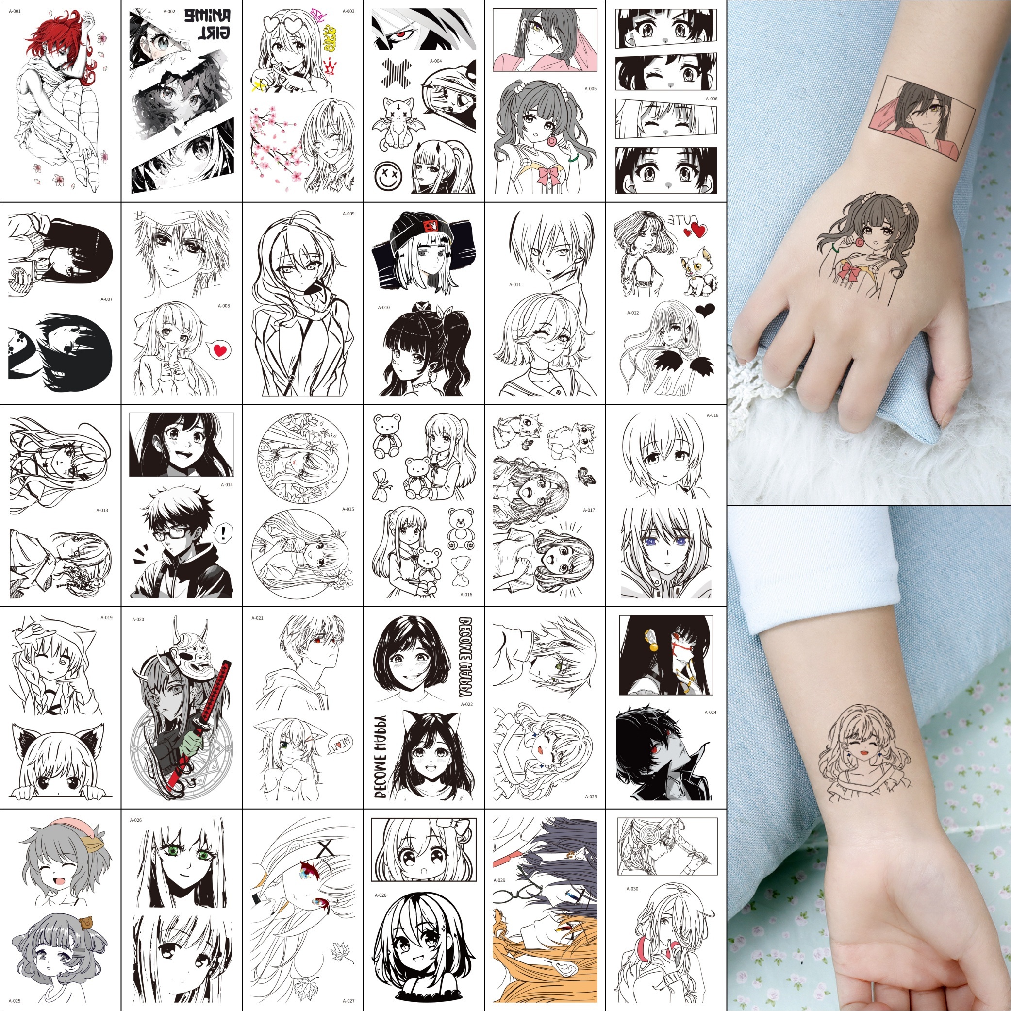 

30-piece Cute Anime & Manga Temporary Tattoos - Waterproof, Easy Apply Fashion Stickers For Cosplay And Everyday Wear