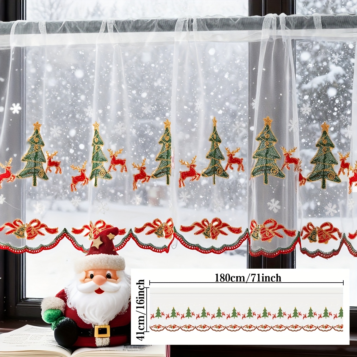 TEMU 1pc Christmas Curtain, Transparent Embroidered Short Curtain With Rod Pocket For , Christmas Tree, Deer, And Snowflake Design, Suitable For