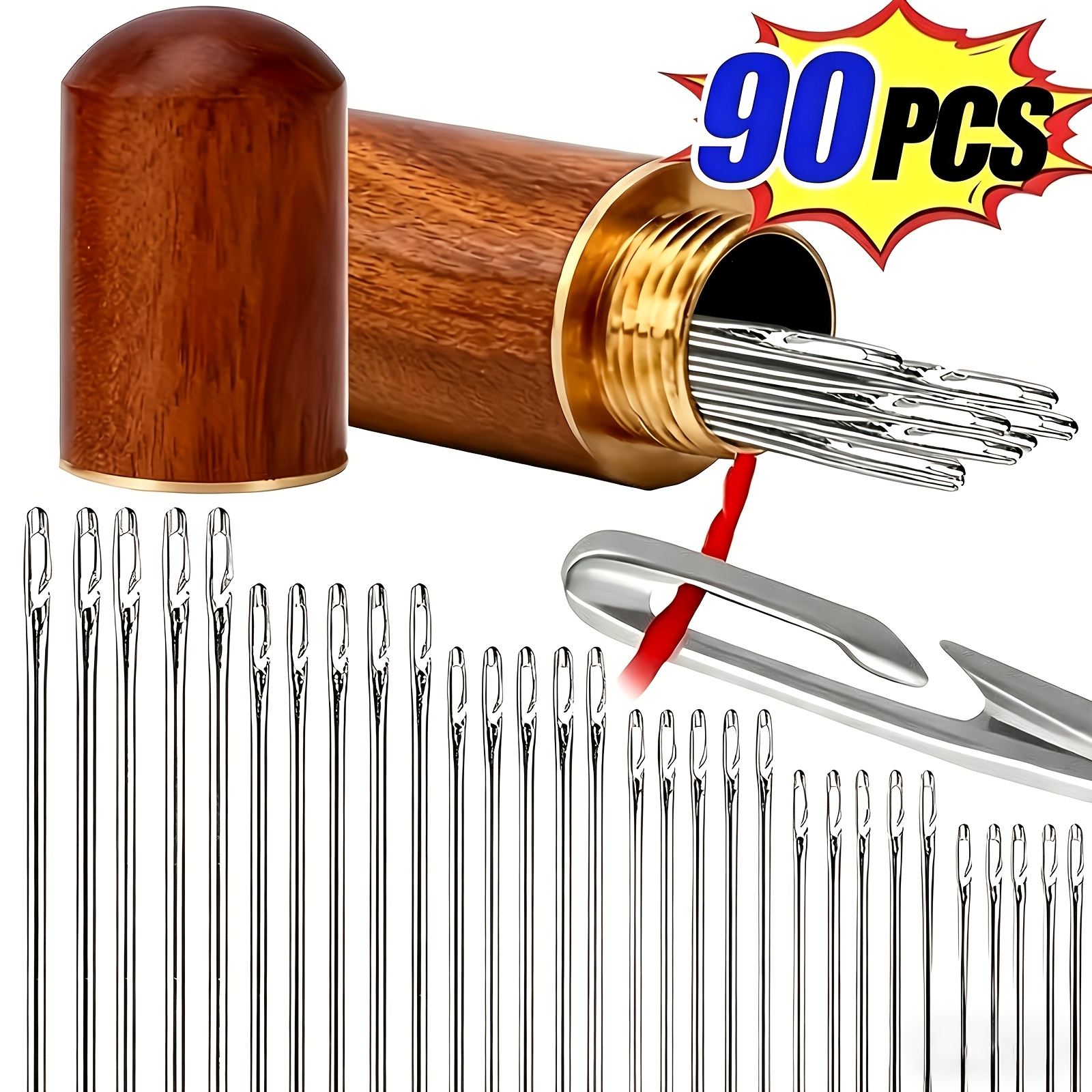 Image of 90pcs Easy-thread Sewing Needle Set With Automatic Threader, Stainless Steel, Silvery - Suitable For Elderly Use