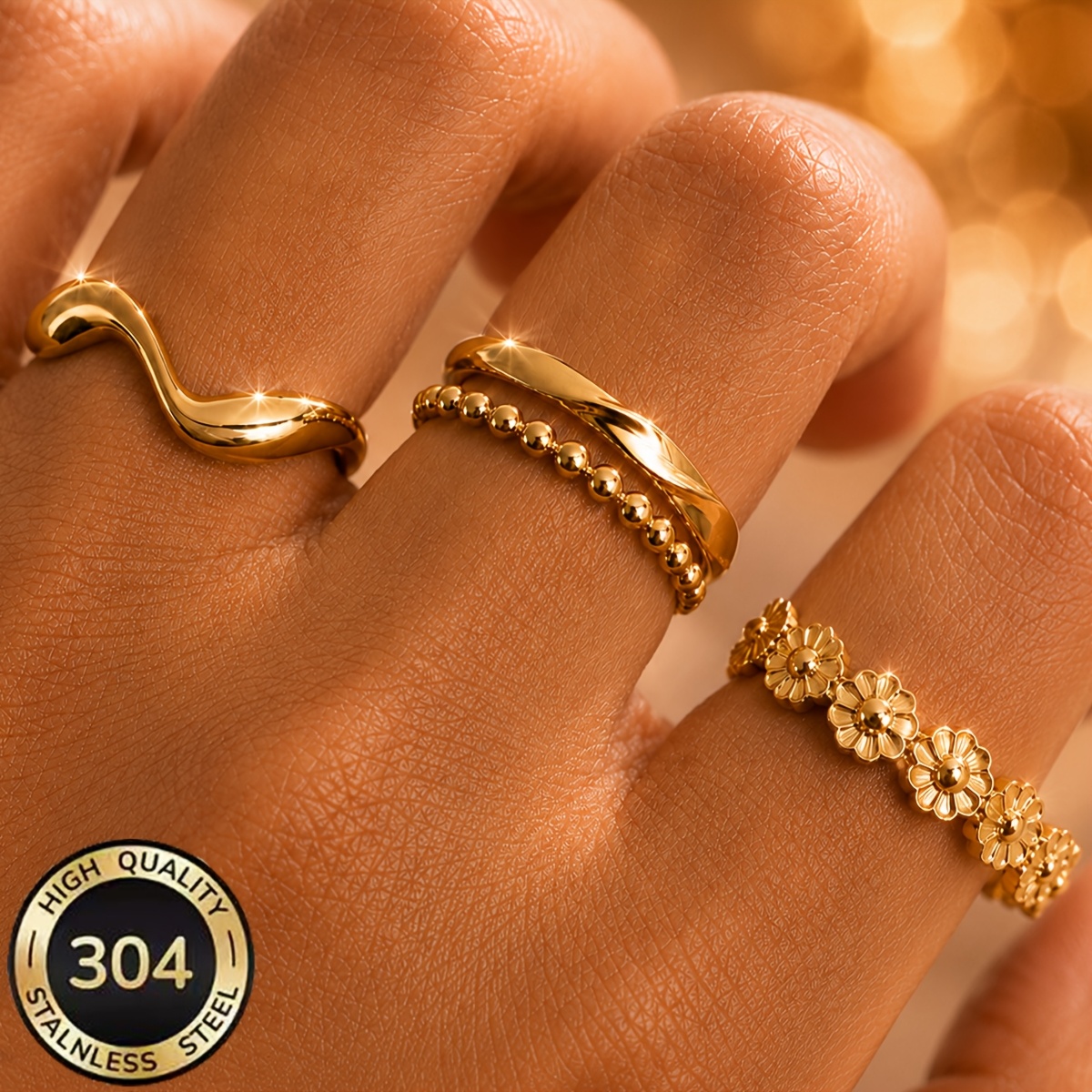 TEMU 3pcs 304 Stainless Steel Women's Daisy Wave Bead Twisted Ring Set, 18k Gold Plated Stackable Rings, Matte Hypoallergenic Everyday Finger Jewelry