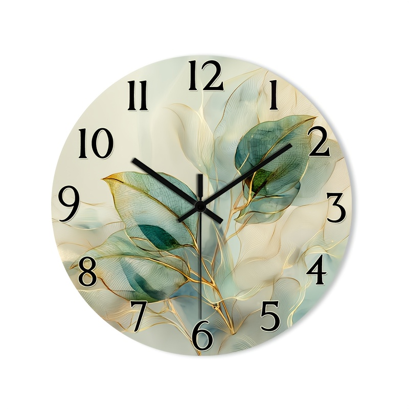 E-shop 2D Flache Wanduhr, Holz, ohne , Runde Uhr, HD Glanzlaminierung, Abstrakte Botanische Kunst mit Goldenen Akzenten Design für Schlafzimmer,