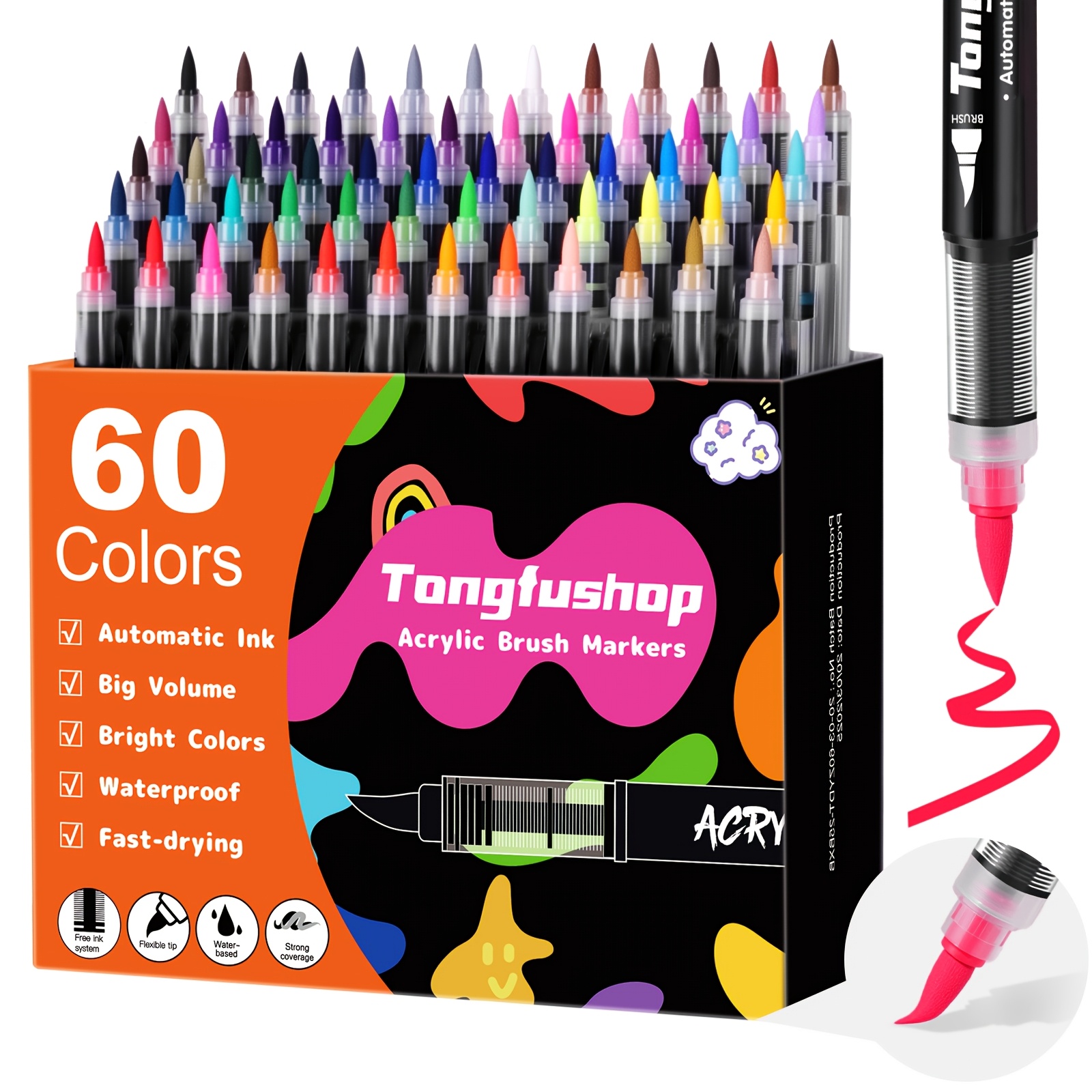 TEMU Tongfushop 48 Single Tip Acrylic Paint Pens, Professional Art Supplies, Waterproof, Brush Tip Acrylic Paint Pen Set, Quick-drying Acrylic Marker