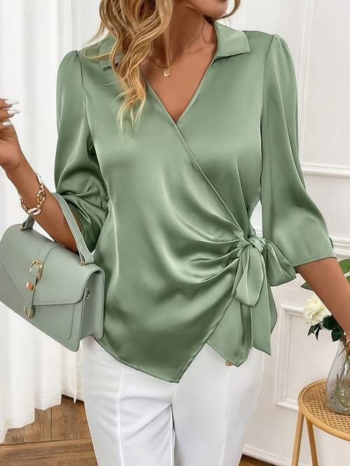 plus size, dameshemd, elegant formeel satijn dagelijks zakelijk volwassen driekwart mouw omgeslagen kraag top met twist detail