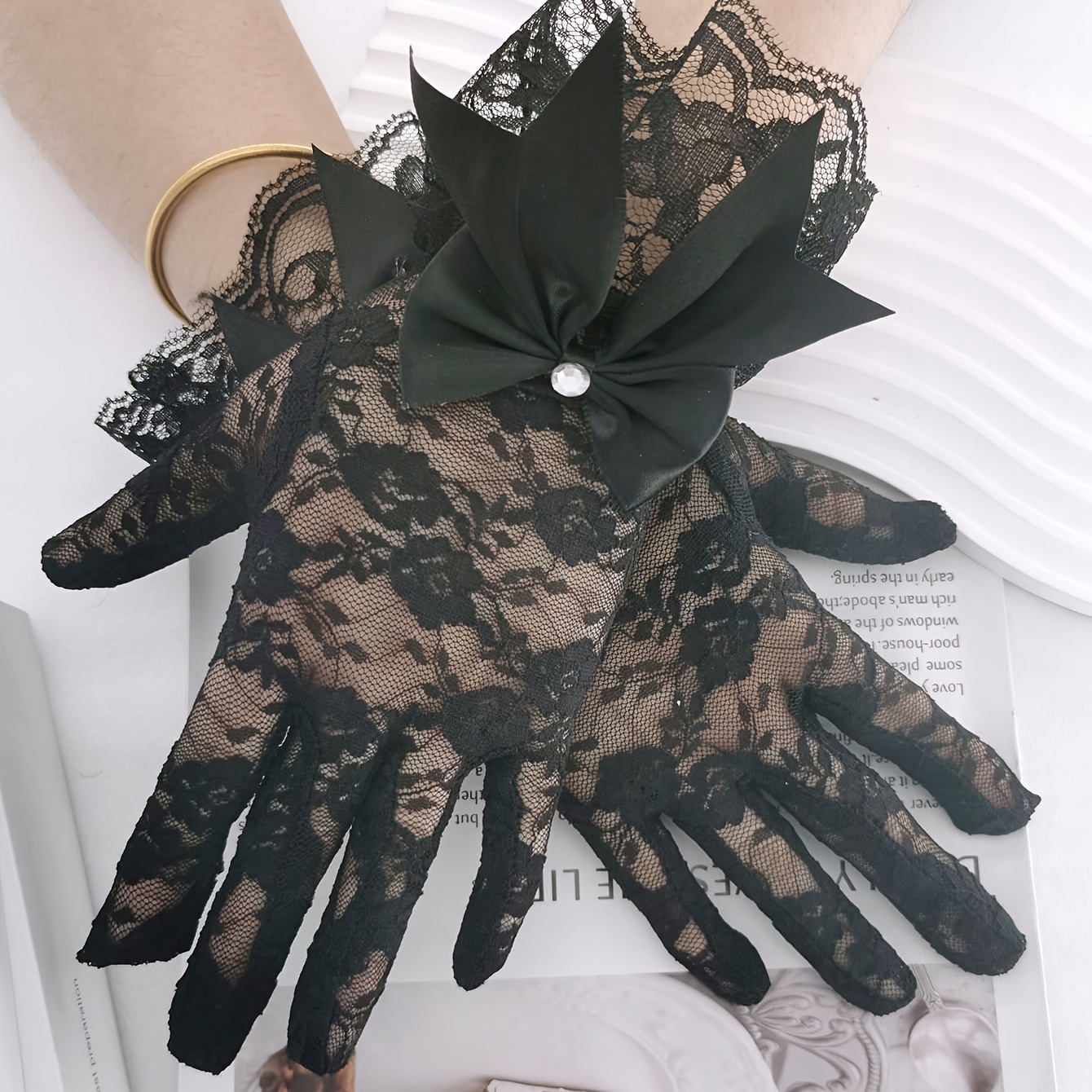 TEMU New Women's Black And White Lace Bow Decorative Gloves, Retro Elegant Long Style, Wedding Wear Fashion Additions Gloves