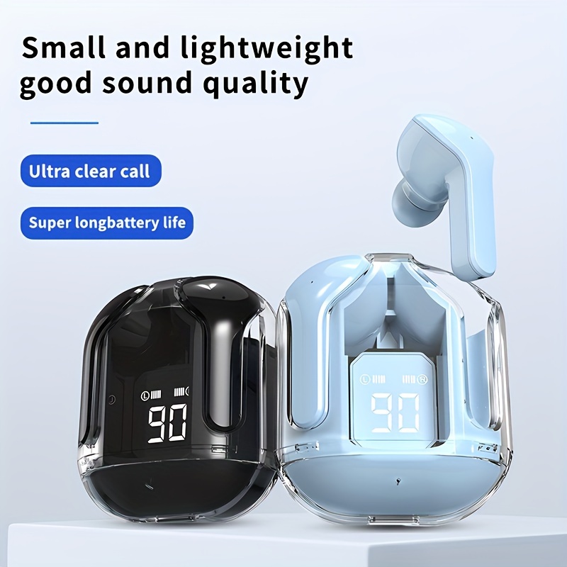 1 Pair Transparent TWS Wireless Earbuds with LED Power Display, Sports & Exercise In-Ear Headphones, Volume Control, Compatible with Smartphones, Condenser Mic, Rechargeable Lithium Polymer Battery, Type-C Charging, for Gaming, Music, Business - Ideal Gift