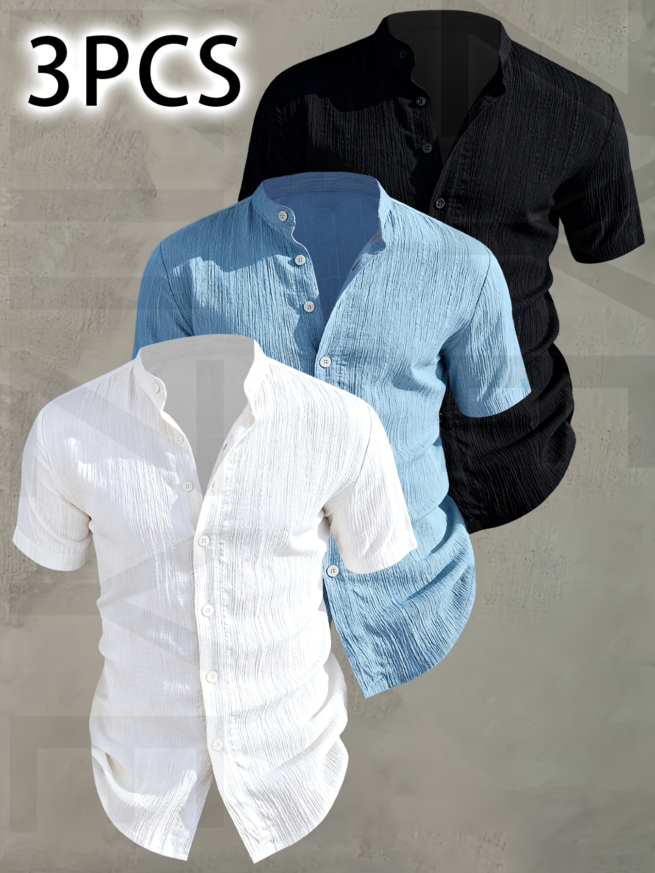 [  obm] 3er-pack herren sommer kurzarmhemd - leichtes, atmungsaktives, einfarbiges button-up freizeitshirt mit stehkragen, maschinenwaschbar für strandurlaub,   und freizeitkleidung, strandhemd,   zum verschenken
