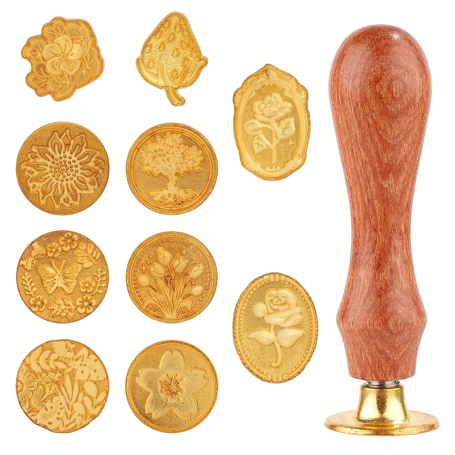 

10-piece Seal Stamp Set With Wooden Handle, Metal Sealing Wax Stamps Kit Featuring Patterns For Letter Sealing, Greeting Cards, And Gift Decorations